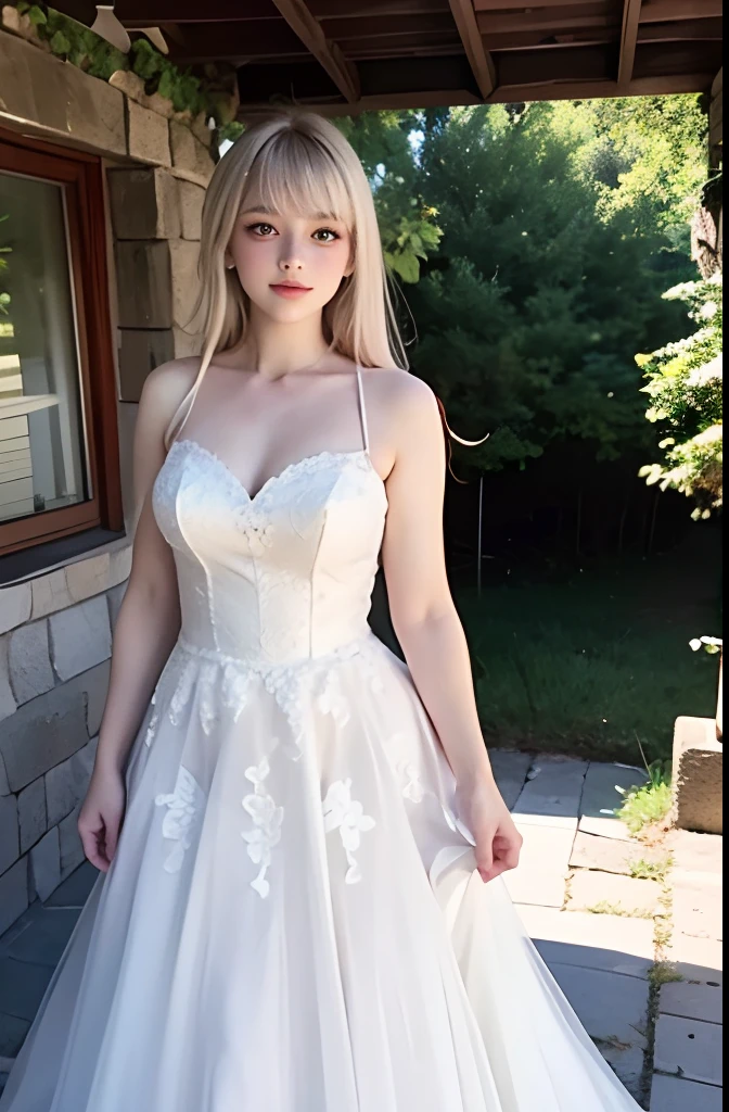 A girl,,european countryside,blonde,bangs bangs,pretty face,wedding dress,thick muscular arms