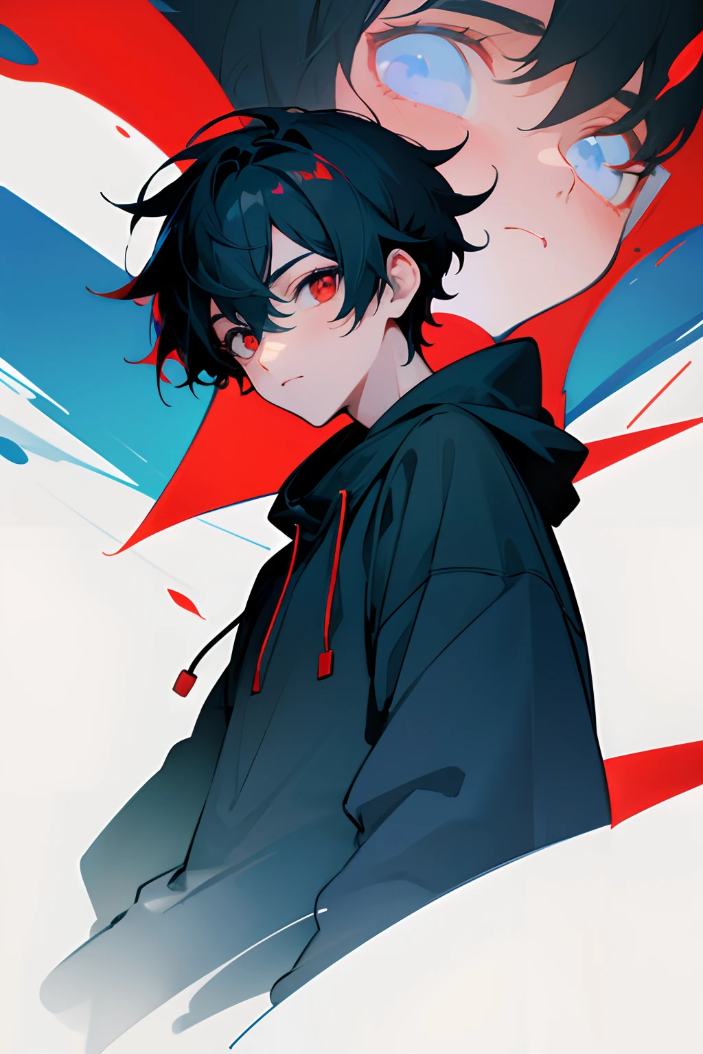 1 boy,Blue sweatshirt,Black color hair,red color eyes,The upper part of the body