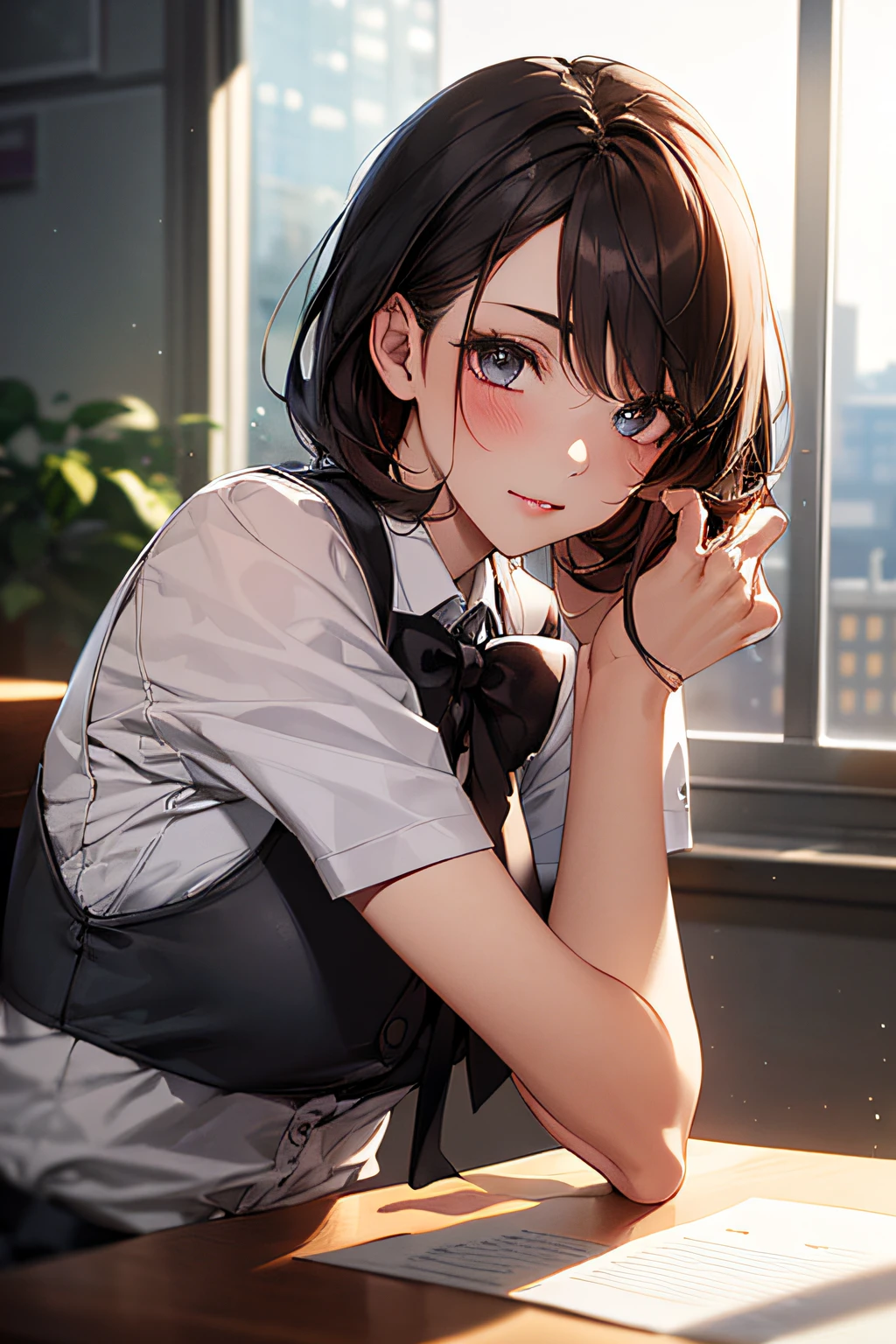 1girl, matured female, vest, bow, best quality, hires, detailed face, office, buildings from window, detailed background, diffused sunlight, depth of field, bokeh