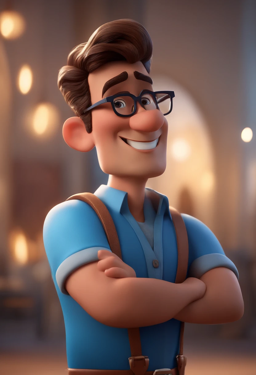 Cartoon character of a man with black glasses and a blue shirt, animation character, Caractere estilizado, animation style rendering, 3D estilizado, Arnold Maya render, 3 d render stylized, toon render keyshot, Personagem 3D, Personagem 3D, 3d rendering stylized, 3 d character render, personagem de desenho animado, Personagem de close up, Pose de personagem, (Estilo Pixar) (master part:1.2) (Bokeh) (best quality) (pele detalhada) (textura detalhada) (8k) (argila) (Cinematic lighting) (foco nítido