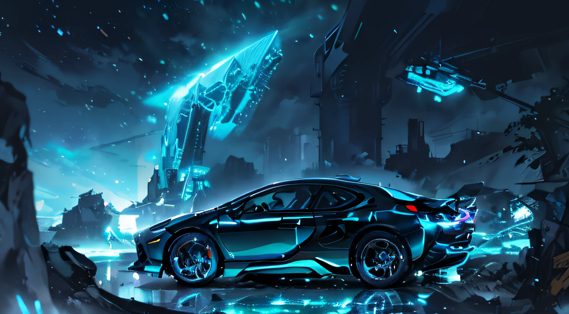 A car with a blue light,  lamplight,  incredulous, genius, Colorful, glorious, omnious background, wondrous,The sheen, BMW I8, bladerunner car, Meticulous, writhe