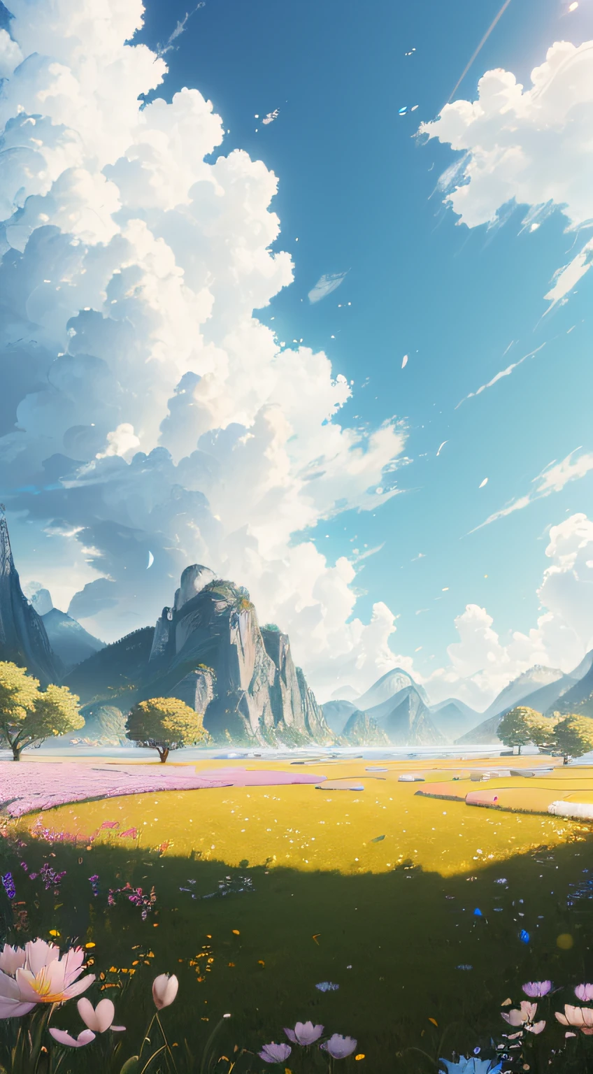 (extremely detailed CG unity 8k wallpaper, masterpiece, best quality, ultra-detailed), luminosity +1.5, floating, high saturation, a serene, idyllic grassland, featuring multicolored petals and foliage, a clear, blue sky, and white, fluffy clouds.