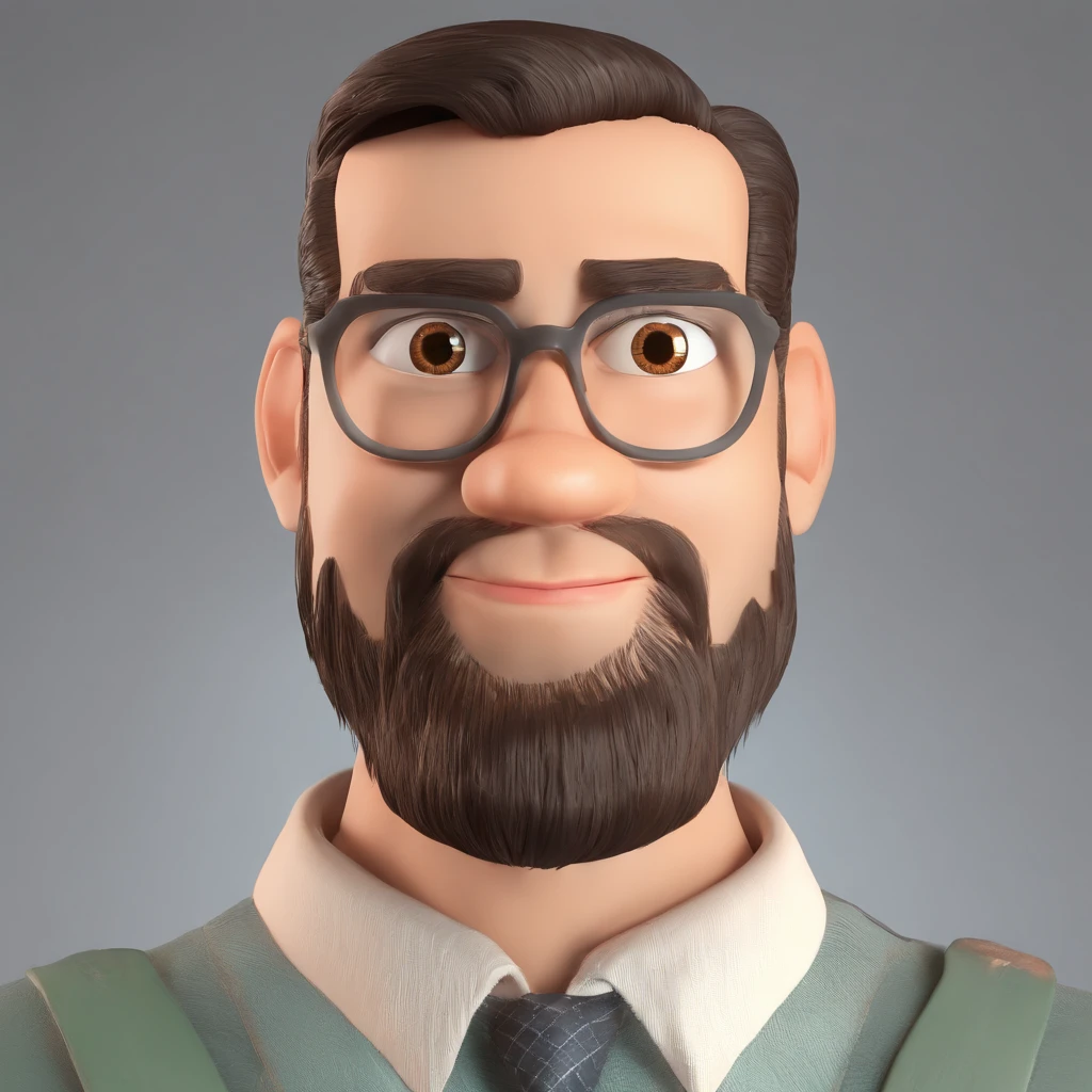 Criar um personagem no estilo Pixar. Trata-se de um homem de 30 anos, com barba, Branco, com cabelos castanhos curtos e um quiff, e olhos castanhos. Ele deve estar na frente de um computador, Trabalhar como designer