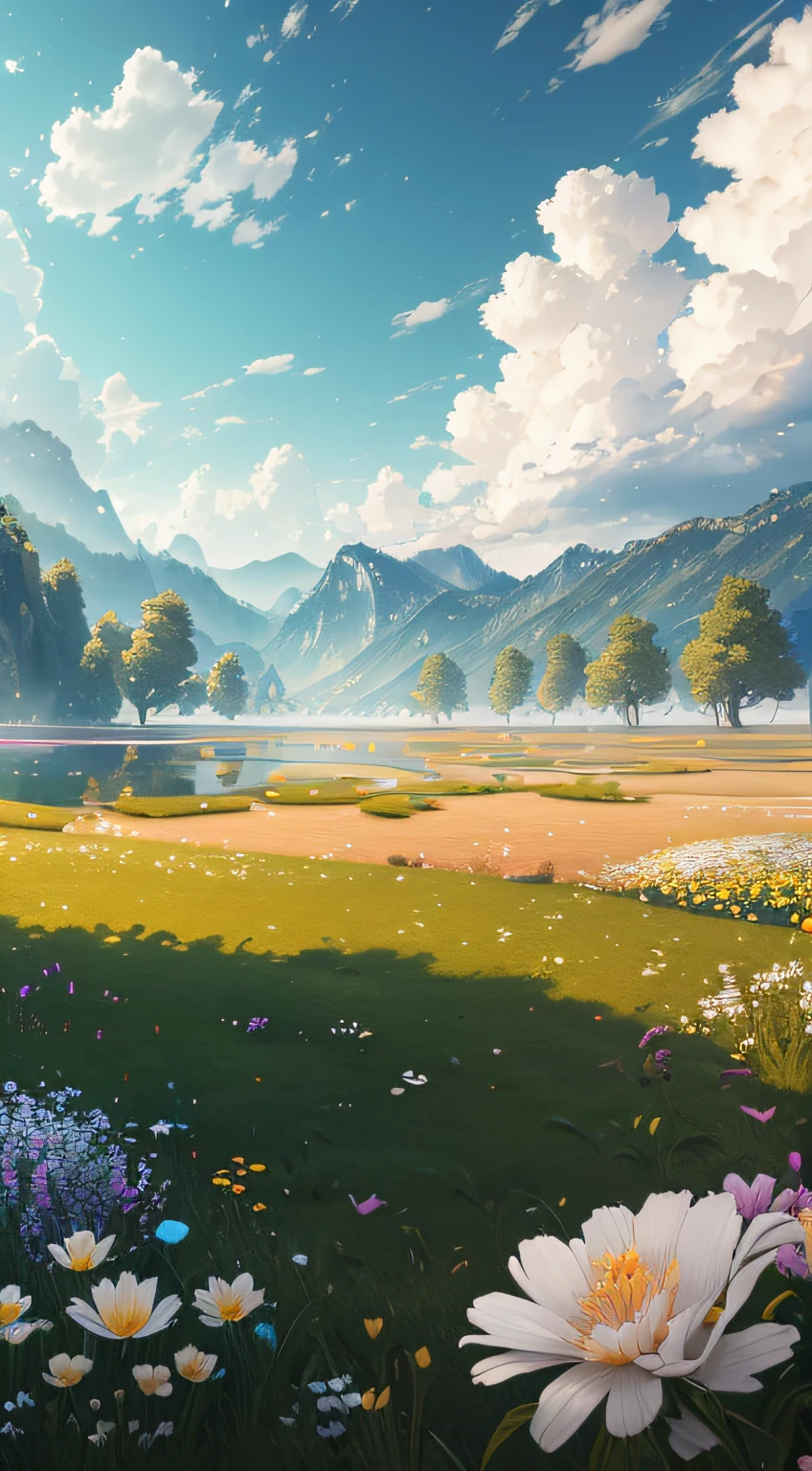 (extremely detailed CG unity 8k wallpaper, masterpiece, best quality, ultra-detailed), luminosity +1.5, floating, high saturation, a serene, idyllic grassland, featuring multicolored petals and foliage, a clear, blue sky, and white, fluffy clouds.