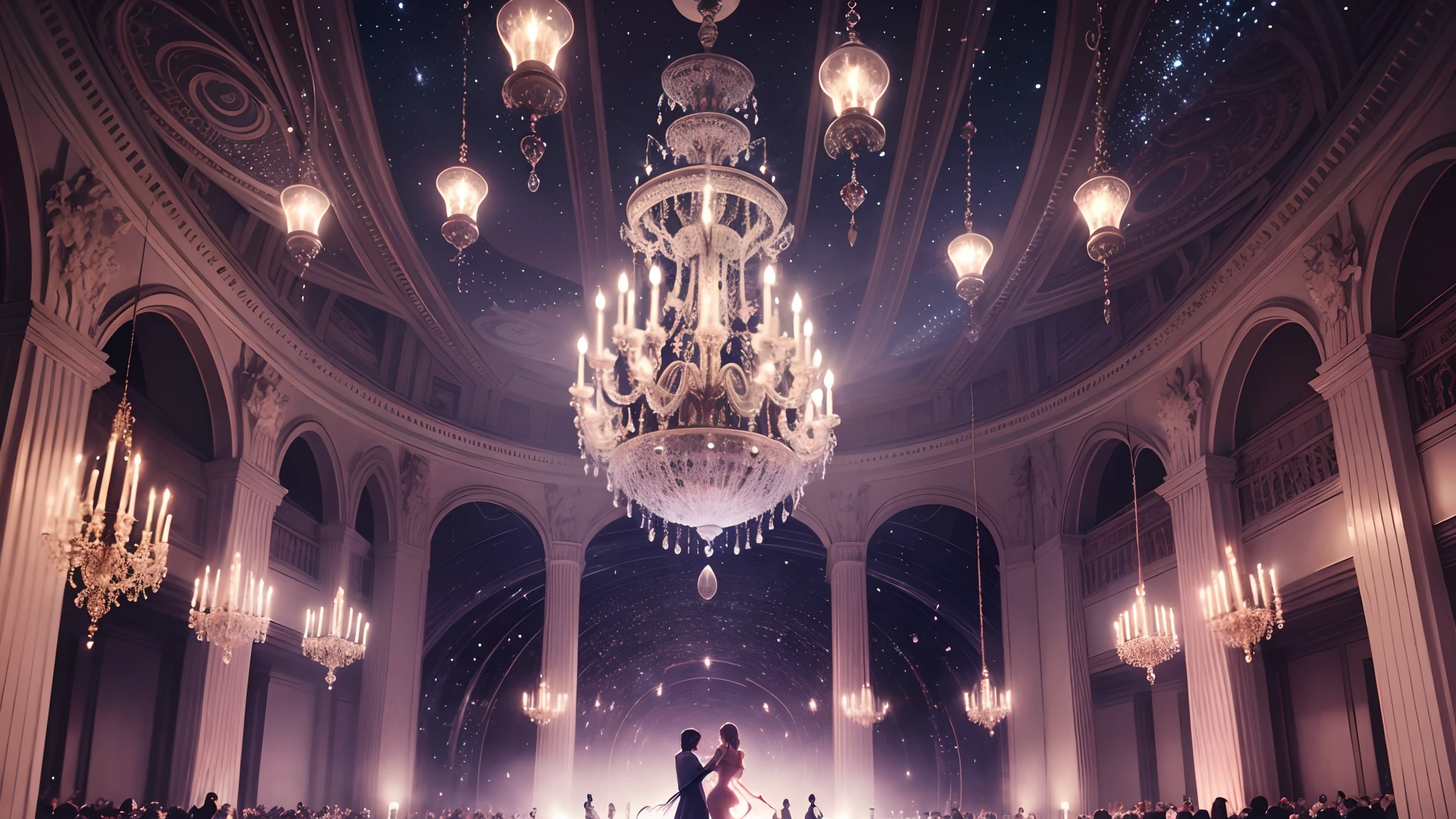 A whimsical celestial ballroom, bathed in ethereal moonlight, where graceful figures twirl amidst cascading stardust and shimmering chandeliers. --auto --s2