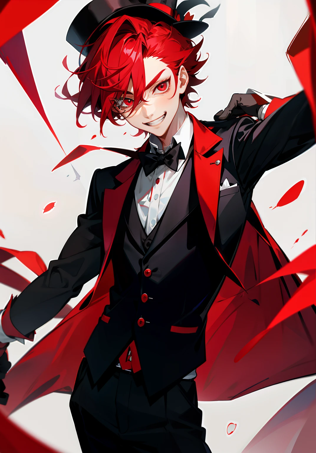 boy with red hair with red tuxedo with a black collar and bowtie, baton, magician, smiling with teeth, red suit, with a magician hat, 2eyeballs, black gloves, digital circus background