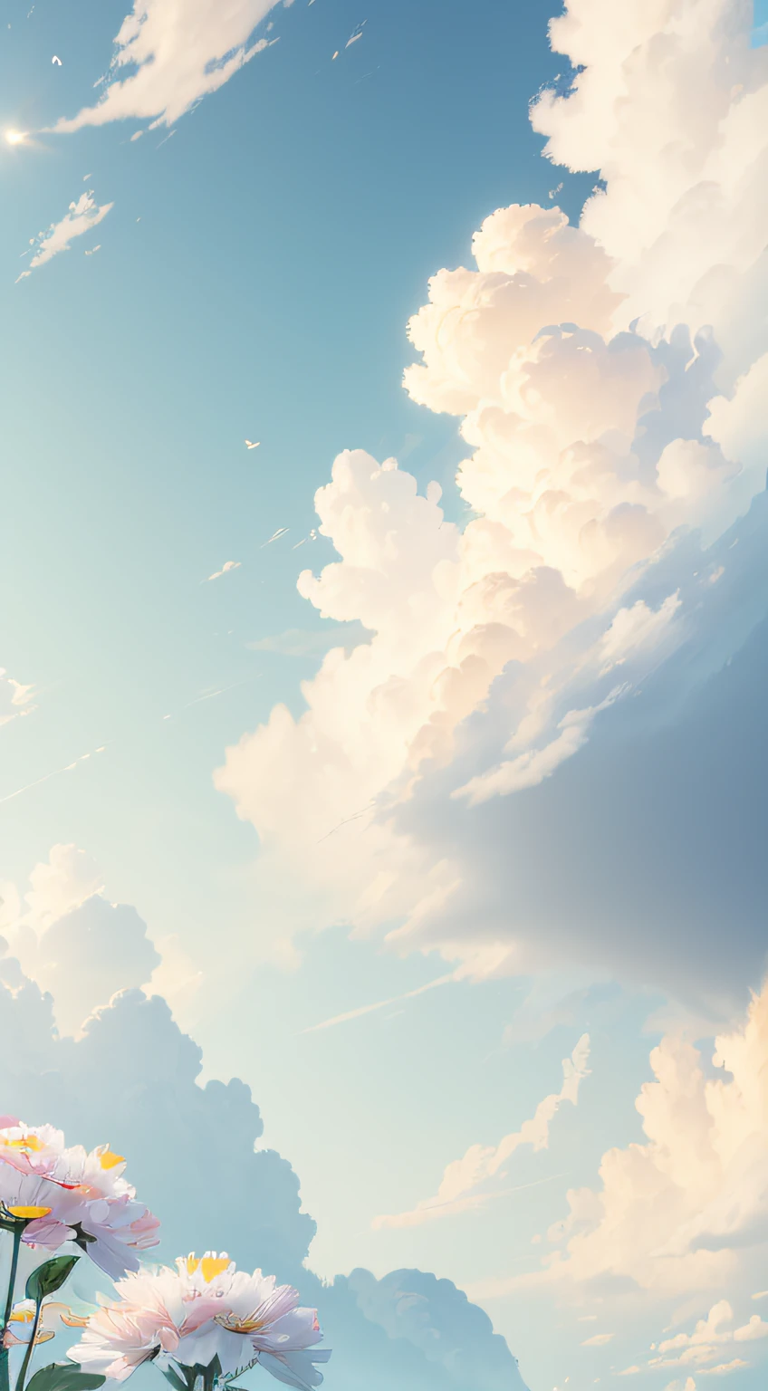 (extremely detailed CG unity 8k wallpaper, masterpiece, best quality, ultra-detailed), luminosity +1.5, floating, high saturation, a serene, idyllic grassland, featuring multicolored petals and foliage, a clear, blue sky, and white, fluffy clouds.