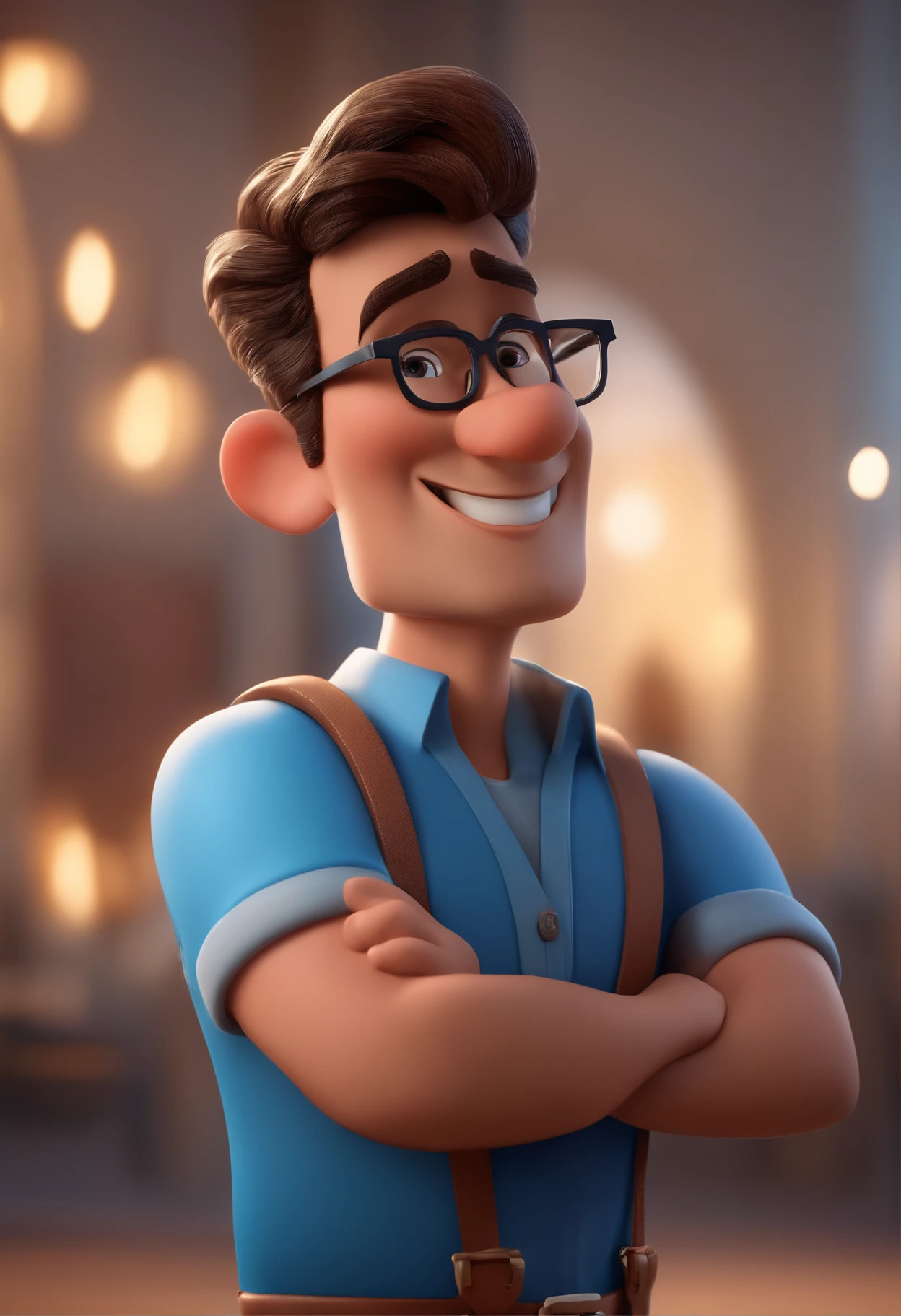 Cartoon character of a man with black glasses and a blue shirt, animation character, Caractere estilizado, animation style rendering, 3D estilizado, Arnold Maya render, 3 d render stylized, toon render keyshot, Personagem 3D, Personagem 3D, 3d rendering stylized, 3 d character render, personagem de desenho animado, Personagem de close up, Pose de personagem,  (Estilo Pixar) (master part:1.2) (Bokeh) (best quality) (pele detalhada) (textura detalhada) (8k) (argila) (Cinematic lighting) (foco nítido