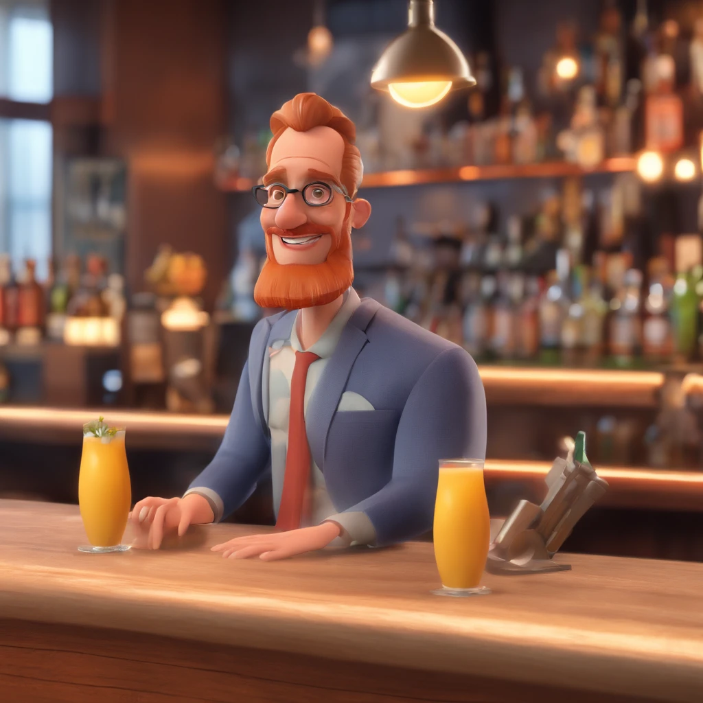 Criar um personagem no estilo Pixar. Trata-se de um homem de 60 anos, com barba branca , Branco, Bald man at the counter of a bar