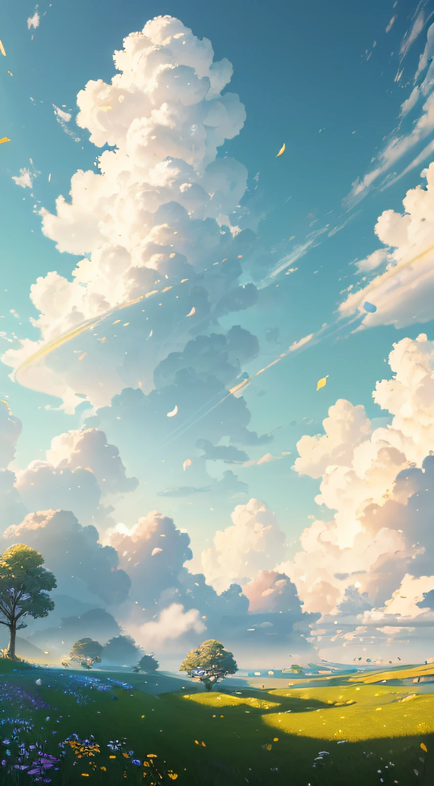 (extremely detailed CG unity 8k wallpaper, masterpiece, best quality, ultra-detailed), luminosity +1.5, floating, high saturation, a serene, idyllic grassland, featuring multicolored petals and foliage, a clear, blue sky, and white, fluffy clouds.
