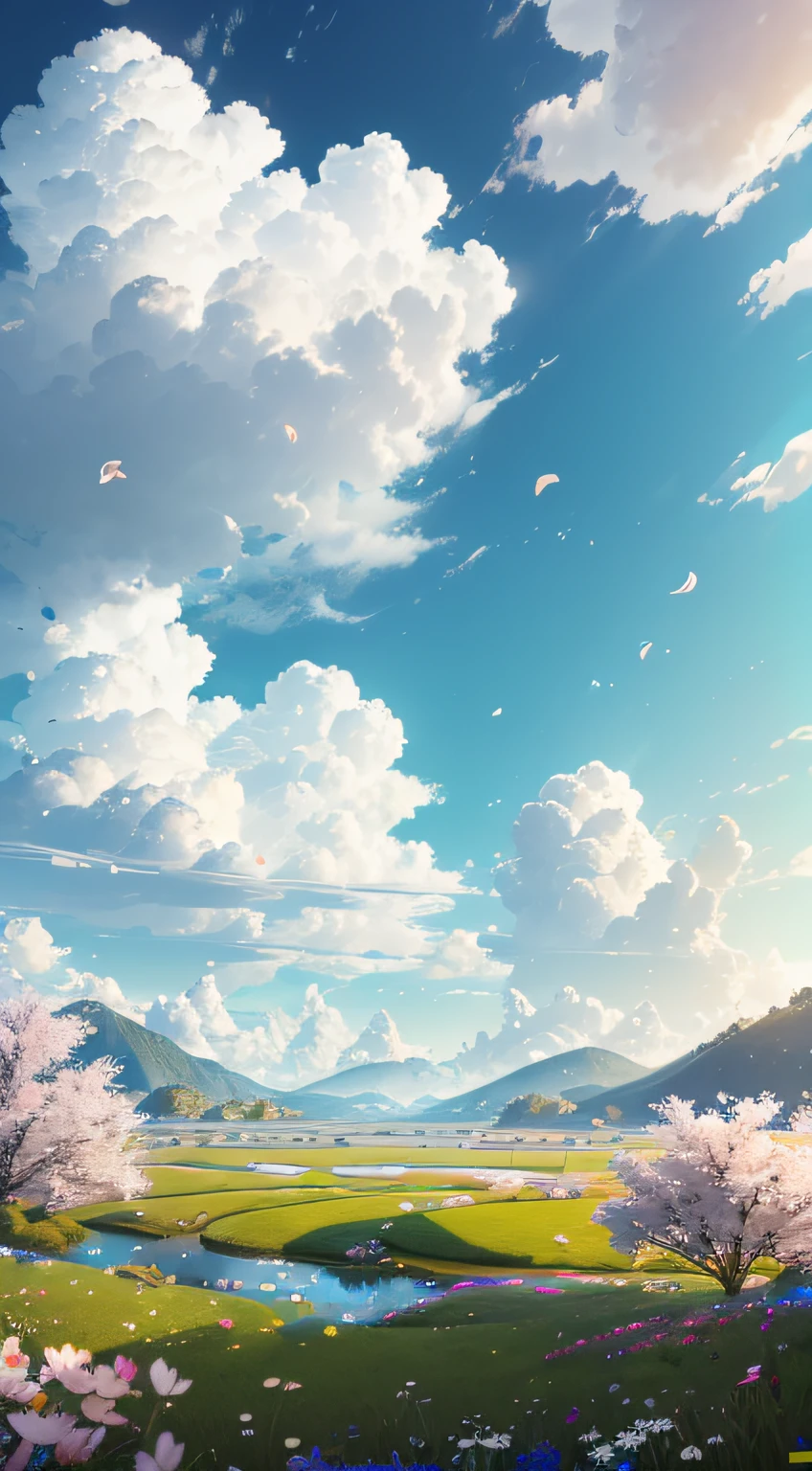 (extremely detailed CG unity 8k wallpaper, masterpiece, best quality, ultra-detailed), luminosity +1.5, floating, high saturation, a serene, idyllic grassland, featuring multicolored petals and foliage, a clear, blue sky, and white, fluffy clouds.