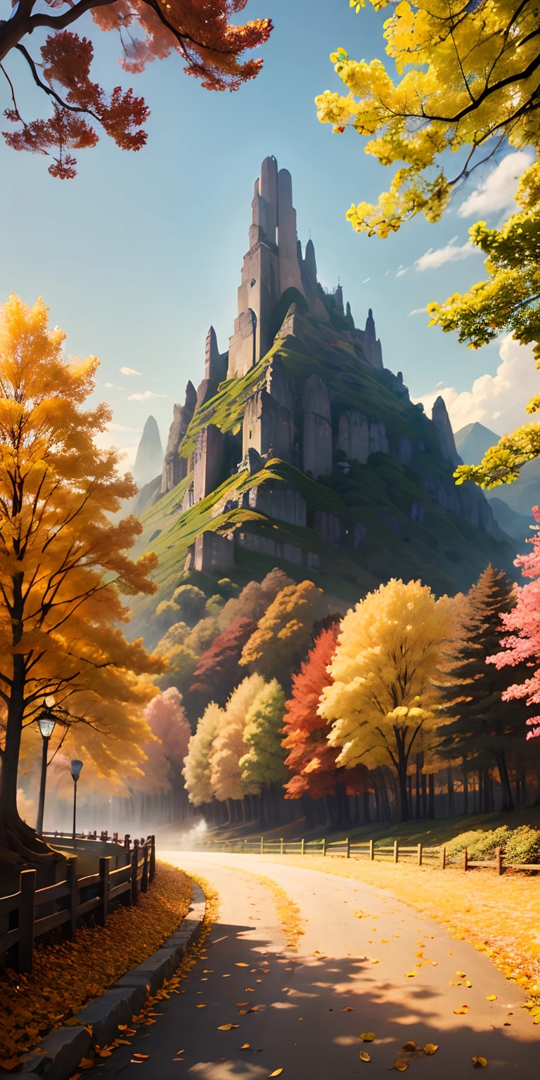 top-quality、Top image quality、masterpiece、Park at the foot of the mountain、Beautiful autumn leaves、There are tall trees、Angle looking up from below