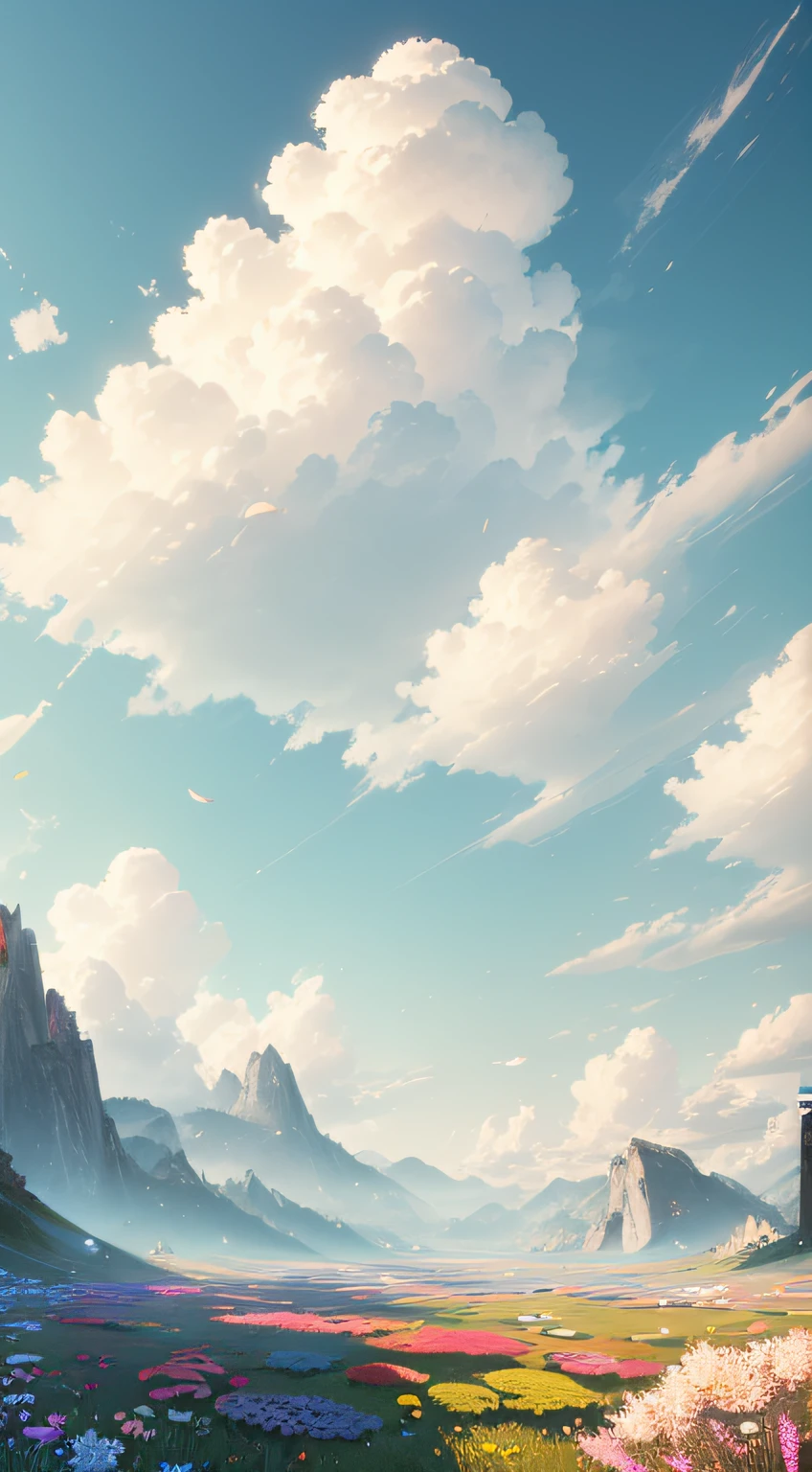 (extremely detailed CG unity 8k wallpaper, masterpiece, best quality, ultra-detailed), luminosity +1.5, floating, high saturation, a serene, idyllic grassland, featuring multicolored petals and foliage, a clear, blue sky, and white, fluffy clouds.