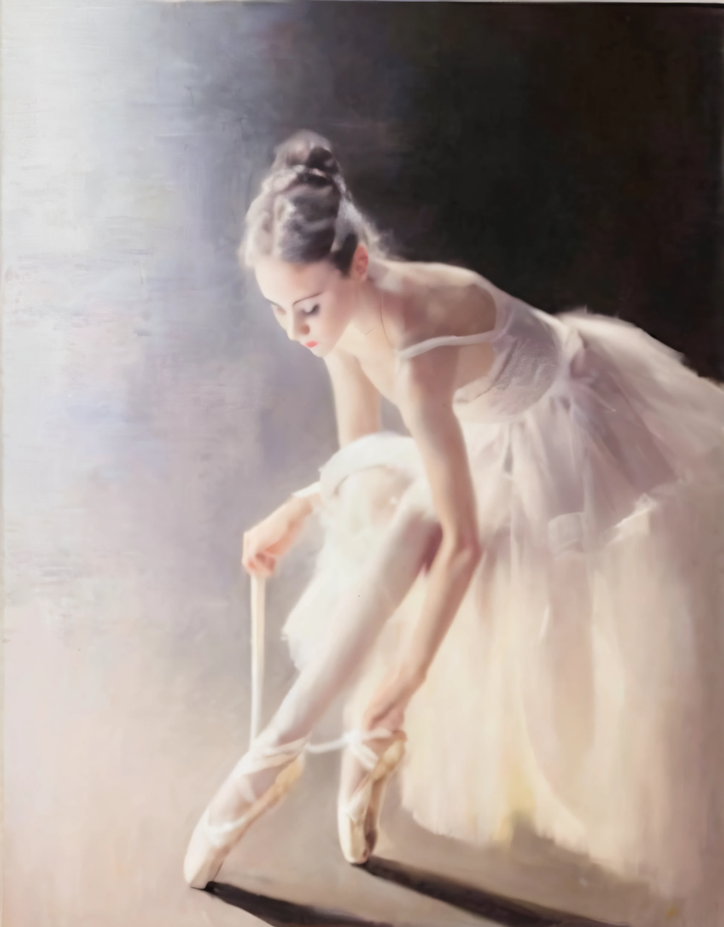 Painting of a ballerina wearing a white tutu with shoelaces, portrait of a ballerina, Ballerina, tranquil and graceful, Ballet dancer, Elegant oil painting, [ Oil painting ]!!, Soft tar canvas painting, prima ballerina, author：Julian, Oil painting, Oil on canvas painting, Beautiful oil painting on canvas, elegant and refined painting, William Oxer, oil - painting