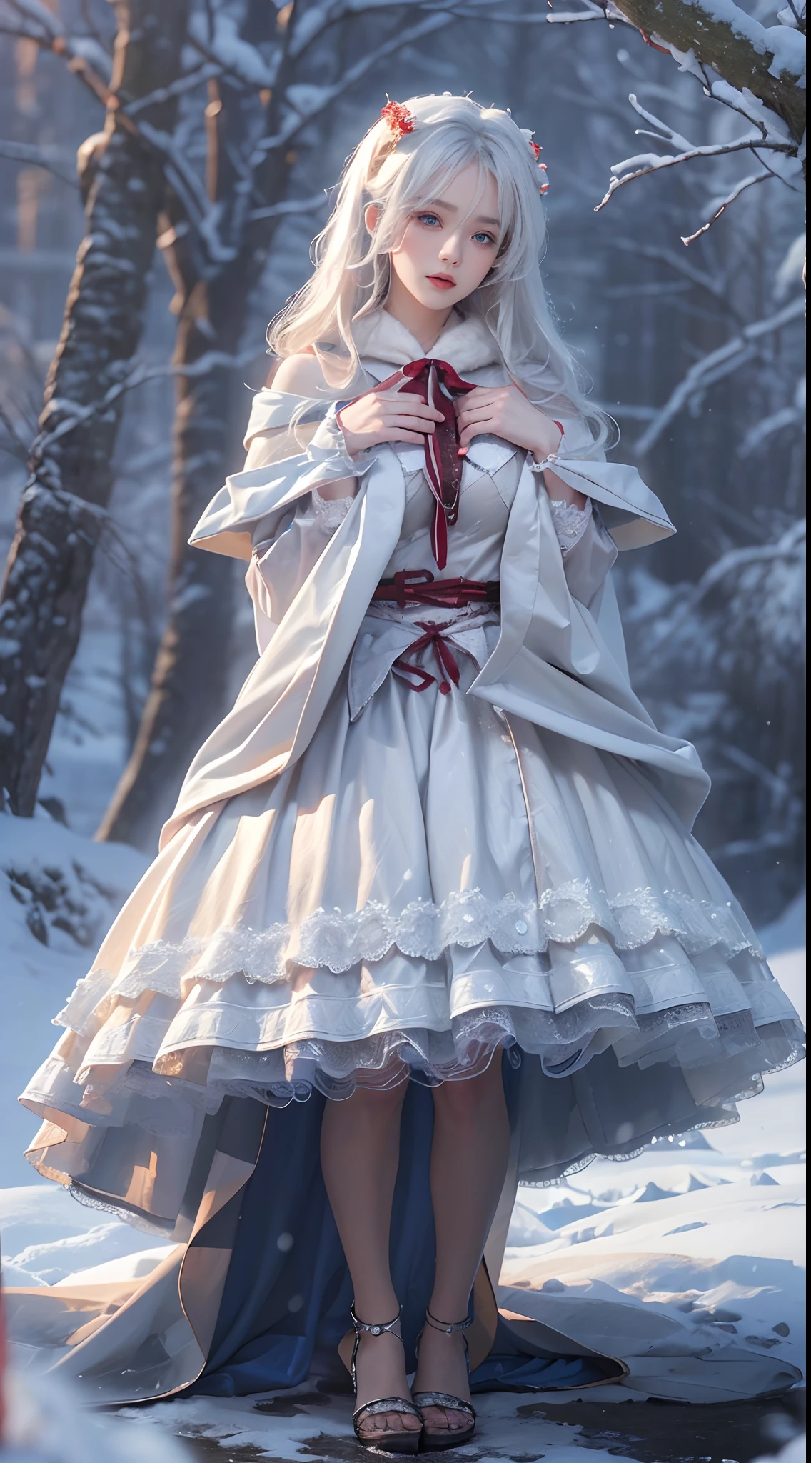 (8K, RAW photo, Photorealistic:1.4), high resolution, 1 Women, Solo,。.3D, Hips up,(ta costume),Wear a flowing skirt, Beautiful eyes, White hair, ringed eyes, (sitted,Cloak,Heavy snow),snowfield,(full bodyesbian:1.5)