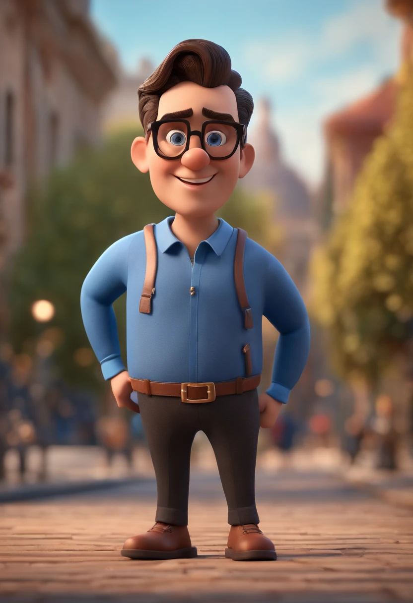 Cartoon character of a man with black glasses and a blue shirt, animation character, Caractere estilizado, animation style rendering, 3D estilizado, Arnold Maya render, 3 d render stylized, toon render keyshot, Personagem 3D, Personagem 3D, 3d rendering stylized, 3 d character render, personagem de desenho animado, Personagem de close up, Pose de personagem, (Estilo Pixar) (master part:1.2) (Bokeh) (best quality) (pele detalhada) (textura detalhada) (8k) (argila) (Cinematic lighting) (foco nítido