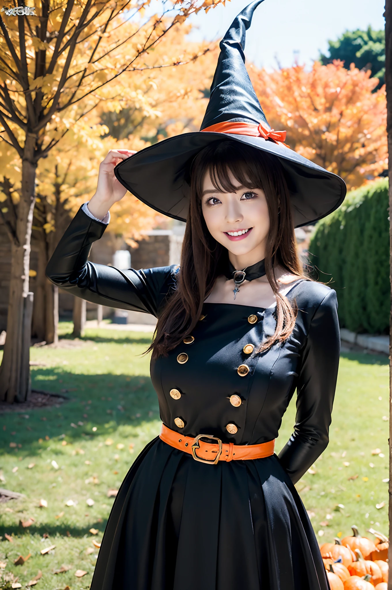 ((Posing in Witch Cosplay、Halloween、witch's hat))、depth of fields，Real Light，Ray traching，OC Renderer，UE5 Renderer，Hyper-realistic，best qualtiy，8K，Works of masters，super-fine，Correct anatomy、Asian Women, (8K、RAW Photos、top-quality、​masterpiece:1.2)、(realisitic、Photorealsitic:1.37)、25-years old、女の子1人、light brown hair、详细的脸、Detailed lips、detailedeyes、(huge-breasted:1.5)、Alafed Women、ssmile、Exuberant multicolored candy bags、Western Pumpkin、full-body view、