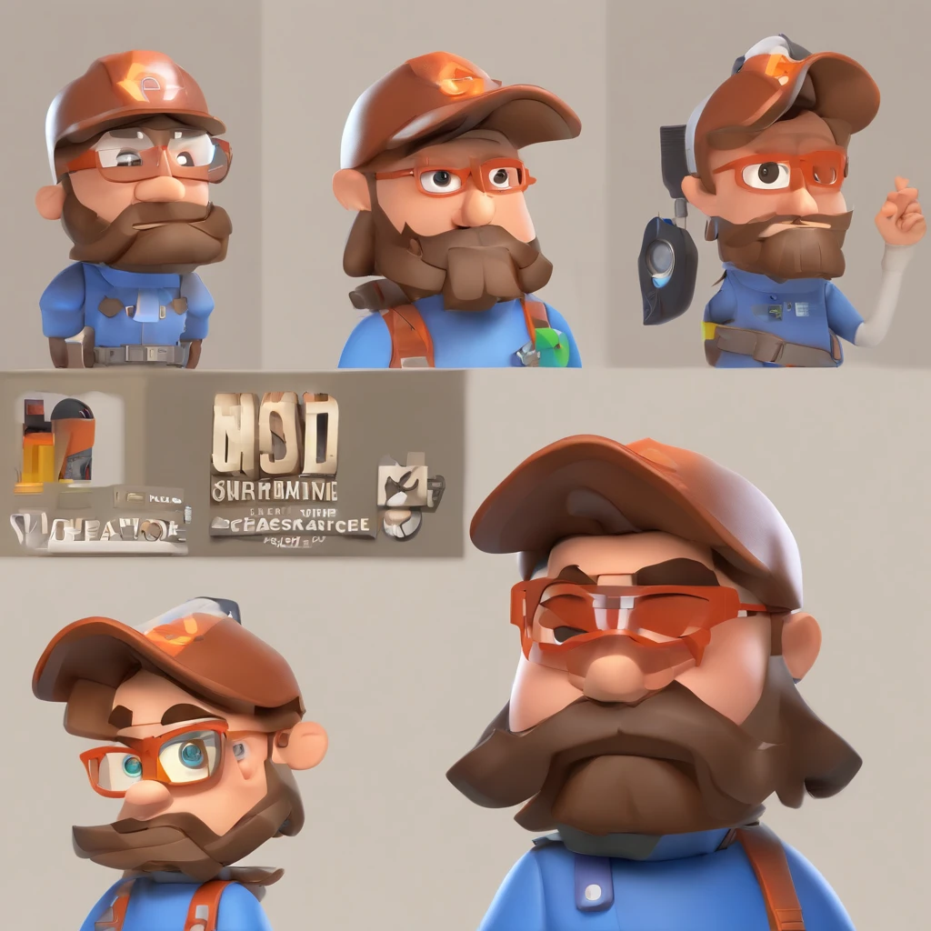 Criar um personagem no estilo Pixar. Trata-se de um homem de 30 anos, com barba, Branco, com cabelos castanhos curtos e um quiff, e olhos castanhos. It must be on security note, Helmet and safety goggles,