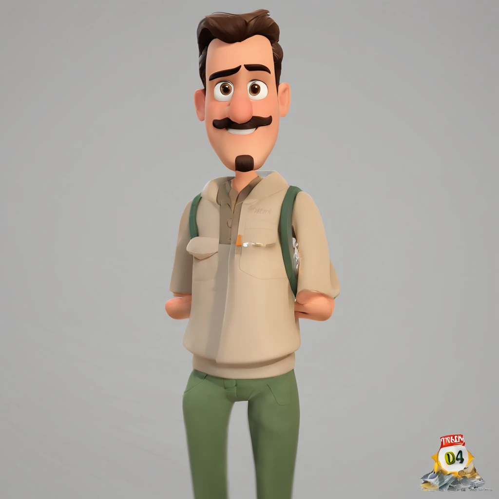 Criar um personagem no estilo Pixar. Trata-se de um homem de 60 anos, com barba, Branco, com cabelos grisalhos curtos e um quiff, e olhos castanhos. It should be in front of a counter , Trabalhar como atendente
