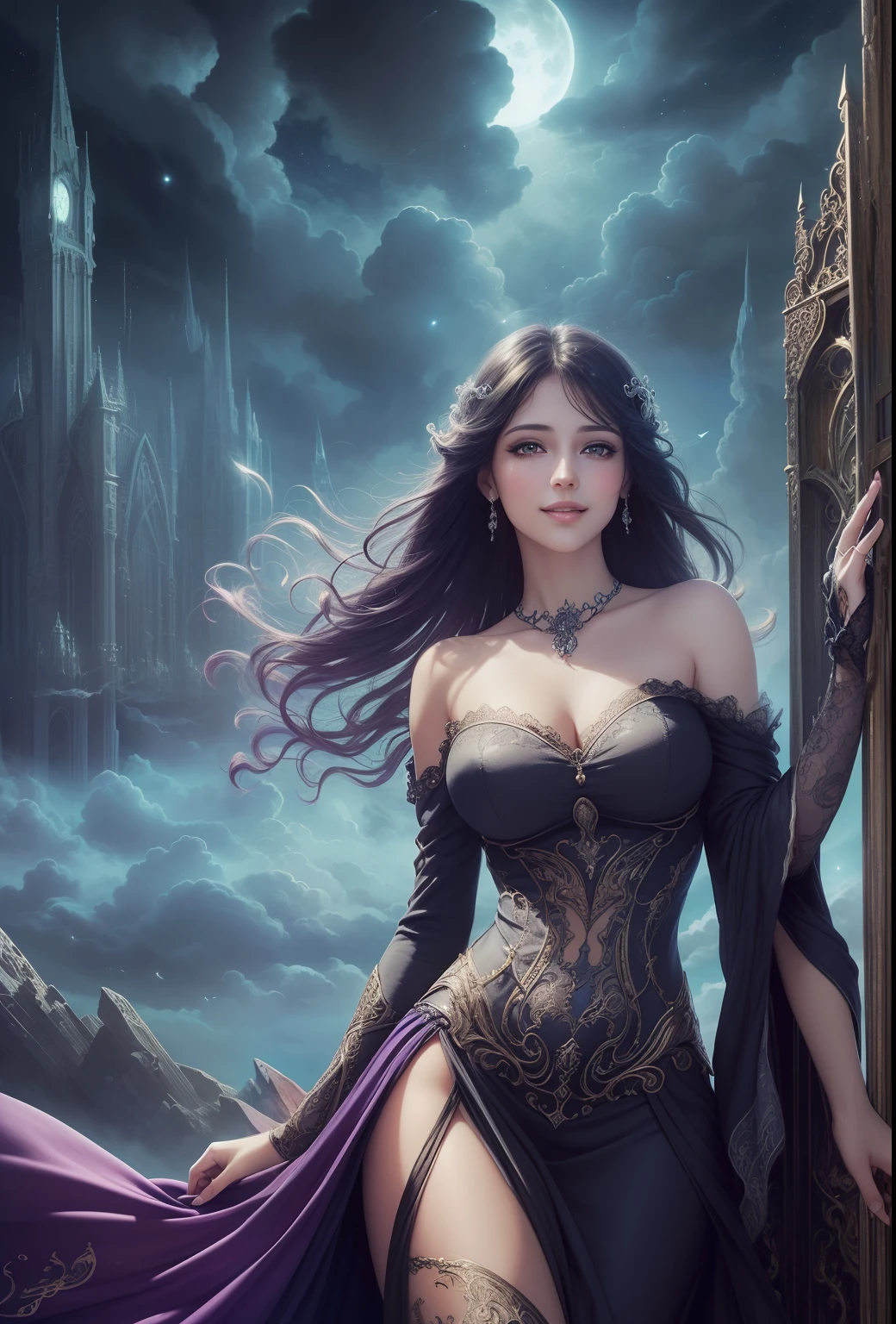 ((bestquality)), ((masterpiece)), (Detailed)), Ethereal beauty, (Fantasy Illustration: 1.3), Full body,Happy smile, Staring charmingly., Cute gestures., straight black hair, A beautiful purple dress shows off her shoulders.. , Extraterrestrial charm, Mysterious Sky, (Luis Royo:1.2), moonlit night, soft colors, (Detail Clouds:1.3), (high-res:1.2)