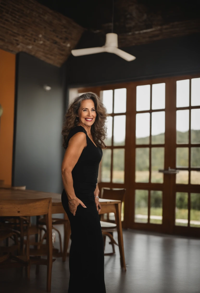 Uma mulher de 50 anos, com longos cabelos castanhos escuros , Rosto oval, sorriso encantador, e olhos castanhos, In a classroom, studio lighting, sign language interpreter and sign language teacher. She's wearing black clothes, blouse and black jeans