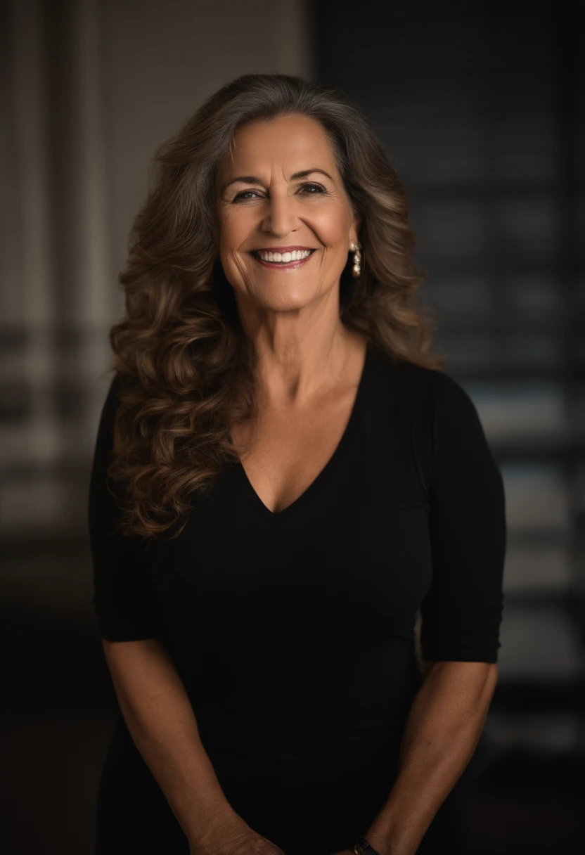 Uma mulher de 50 anos, com longos cabelos castanhos escuros , Rosto oval, sorriso encantador, e olhos castanhos, In a classroom, studio lighting, sign language interpreter and sign language teacher. She's wearing black clothes, blouse and black jeans