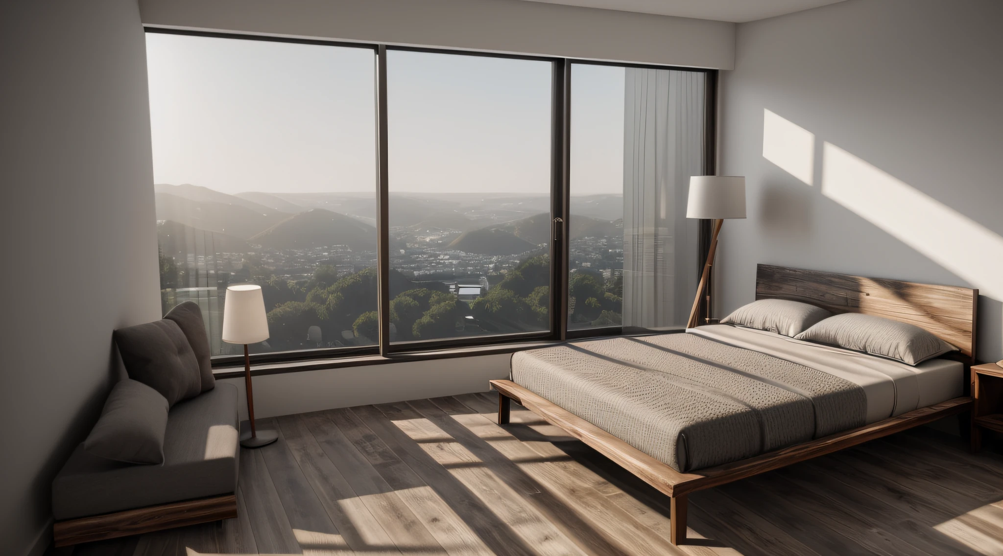 photo realistic, hd high res ultra high quality view ,white wall, charcoal Grey fabric bed,grey modern rug under bed, grey sofa,wooden floor, lamp,grey window frame,perfect clear glass, perfect composition, beautiful detailed intricate insanely detailed octane render trending on attestation, 8 k artistic photography, photo realistic concept art, soft natural volumetric cinematic perfect light, chiaroscuro, award - winning photograph, masterpiece, 3d rendering, front view plan, realistic, hyper realistic, intricate details,hd details,128k,(sharp lines)(use vivid multi dark colors)(3d rendering)((Wooden floor ))