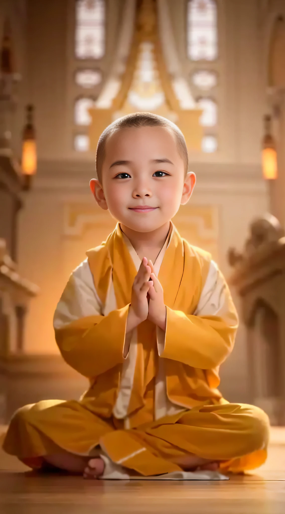 Smile with wide eyes,Close-up portrait of a boy in a monk's robe sitting on the floor, lovely digital painting, monk clothes, avatar aang, She greets you warmly, Buddhists, Ann, yangjun chen, concept art of a monk, nun, wojtek fus, Monks, Beautiful avatar image,