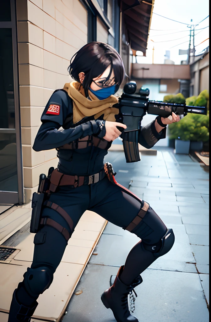 femele,Short-cut hairstyles、 独奏,Full Face Mask, goggles、(Tight bodysuit with dark skin, long boots), Full body, (How to hold a weapon and how to aim, M4 carbine), Realistic, Shoulder holster, Shooting Range Background