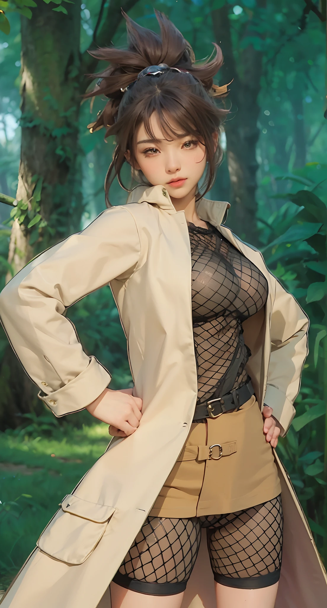 Real life adaption of this character, beauty face,looking to viewer,realistic same hair ,realistic jungle with many grass background, hyper realistic, realistic light, realistic shadow, realism,(photorealistic:1.2), (realistic same outfit ),big breast,Tight checkered underwear