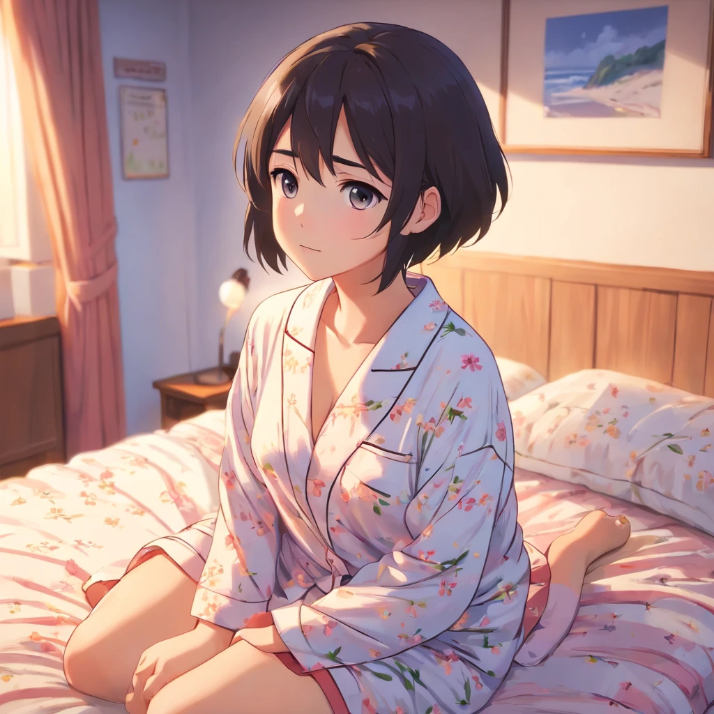 Best quality, Masterpiece, 超高分辨率, 8K, primitive, (photograph realistic:1.4), Physically-based rendering, Depth of field, looking at viewert, Slender, (Sitting:1.1), in a  bedroom, Detailed beautiful face, 1 girl, Cute, Young, nose blush, Big black eyes, Open mouth, Tiny breasts, Black hair, Detailed clothes, (pajamas:1.3), No shoes ,PureErosFace_V1,