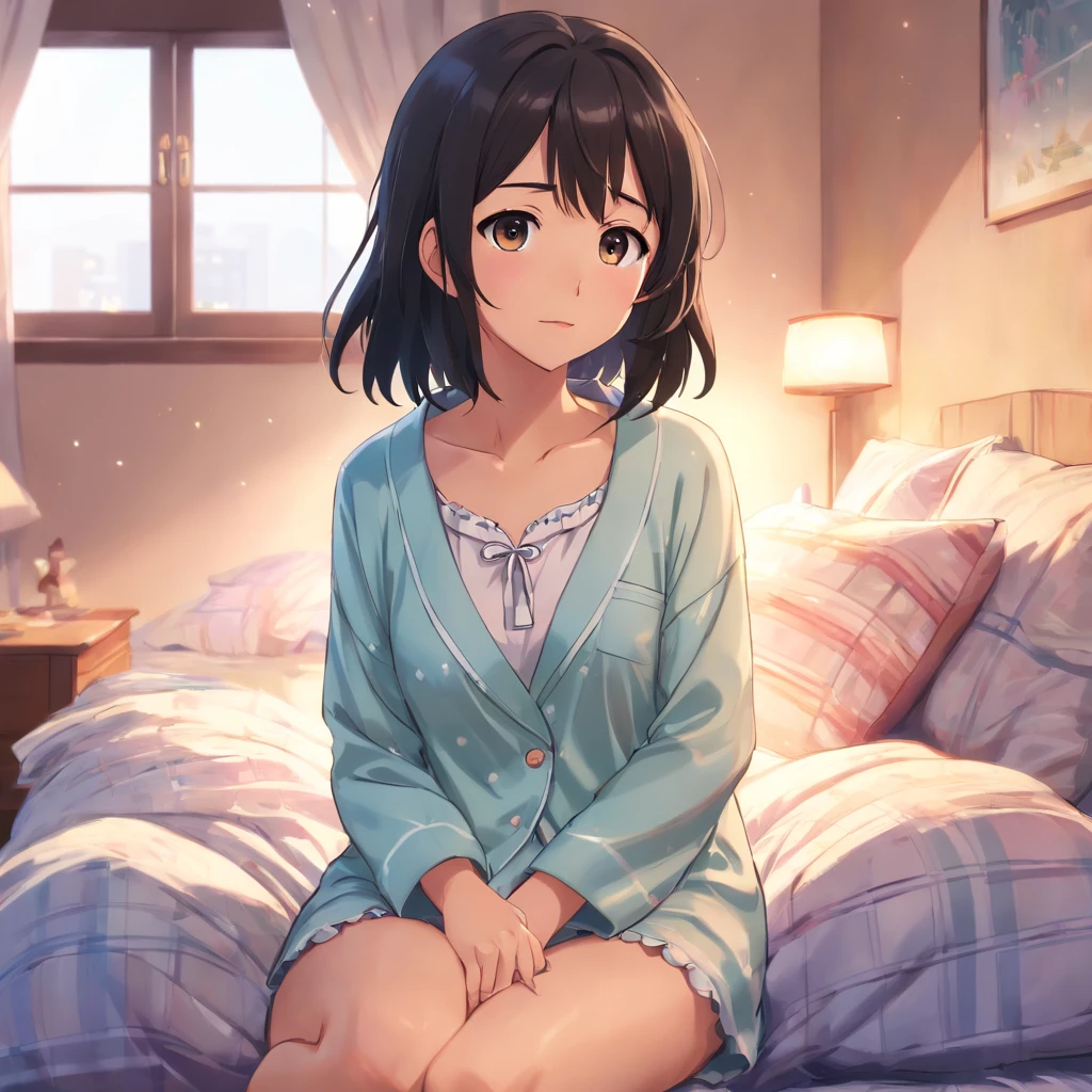 Best quality, Masterpiece, 超高分辨率, 8K, primitive, (photograph realistic:1.4), Physically-based rendering, Depth of field, looking at viewert, Slender, (Sitting:1.1), in a bedroom, Detailed beautiful face, 1 girl, Cute, Young, nose blush, Big black eyes, Open mouth, Tiny breasts, Black hair, Detailed clothes, (pajamas:1.3), No shoes ,PureErosFace_V1,