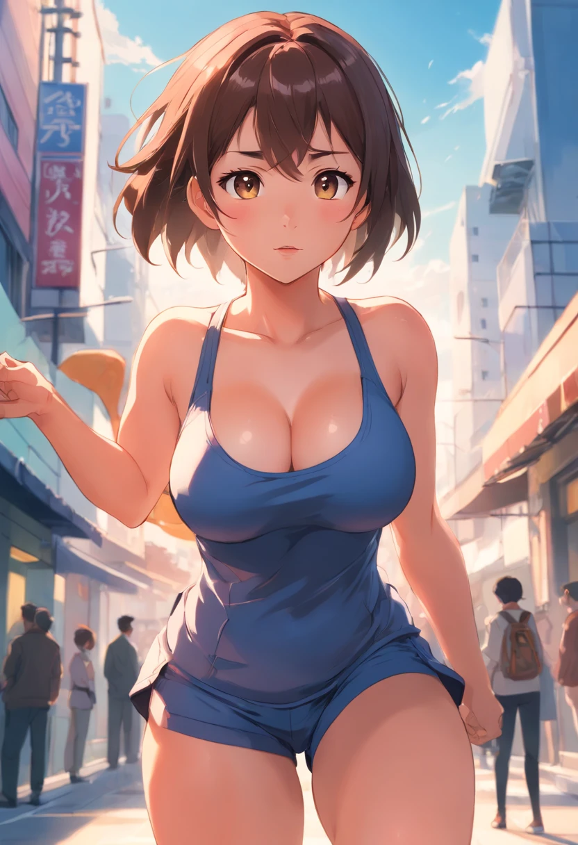 1 woman, full body, squating, focus back, aroud butts, 40k, insane quality, masterpiece, sports uniform, with a basketball, big boobs, (((bare breasts:1,5))), brushed nipple, big nipple, big hips, brown skin, african american hair, full lips, glossy lips, sweat in the body, seductive expression, looking at camera daylight,