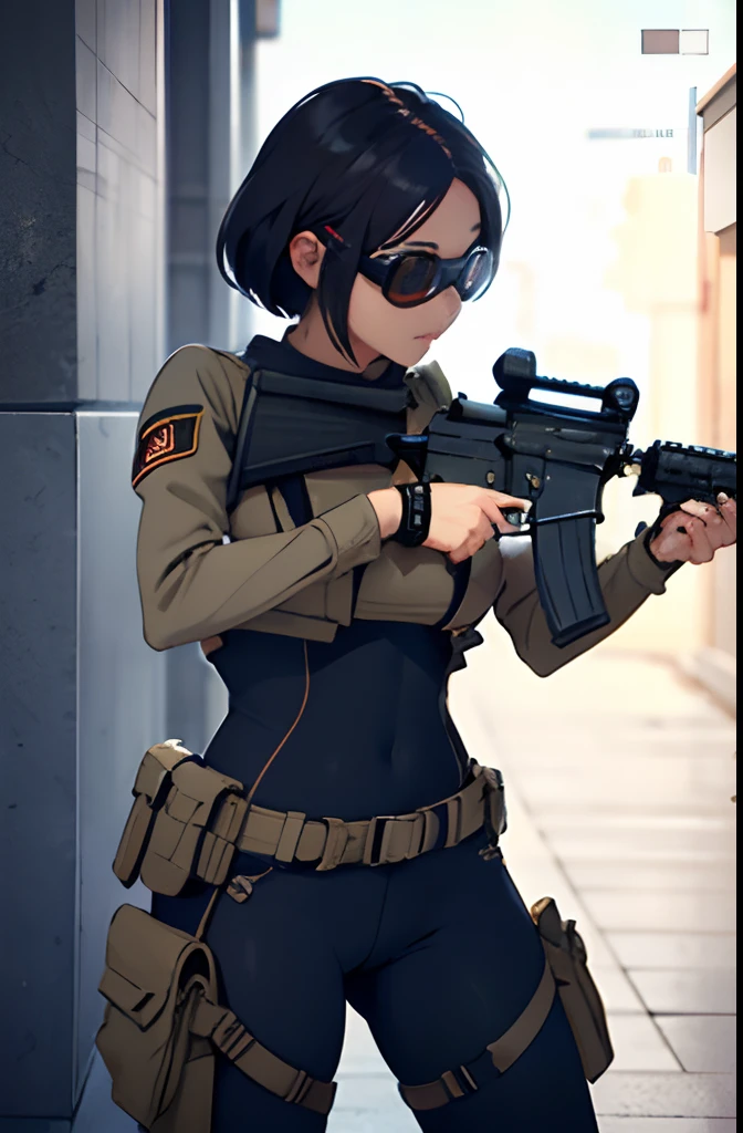 femele,Short-cut hairstyles、 独奏,Full Face Mask, goggles、(Tight bodysuit with dark skin, long boots), Full body, Cowboy Shot, (How to hold and aim a weapon, M4 carbine), Realistic, Shoulder holster, Shooting Range Background