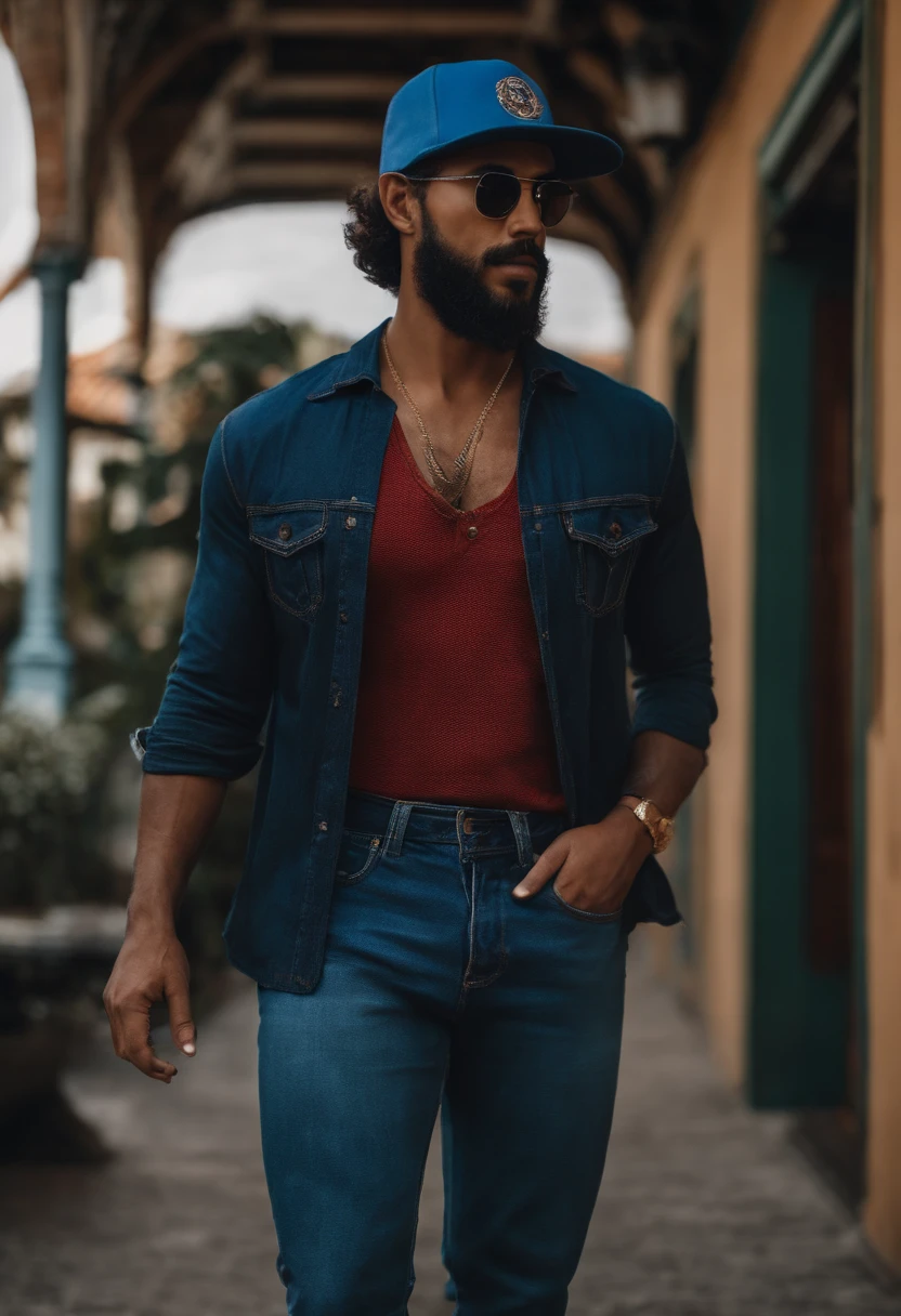 Homem barbudo, com blusa preta, Denim Jeans Pants, and blue cap,com um jaleco por cima da roupa, um pouco fora de forma, dando aula