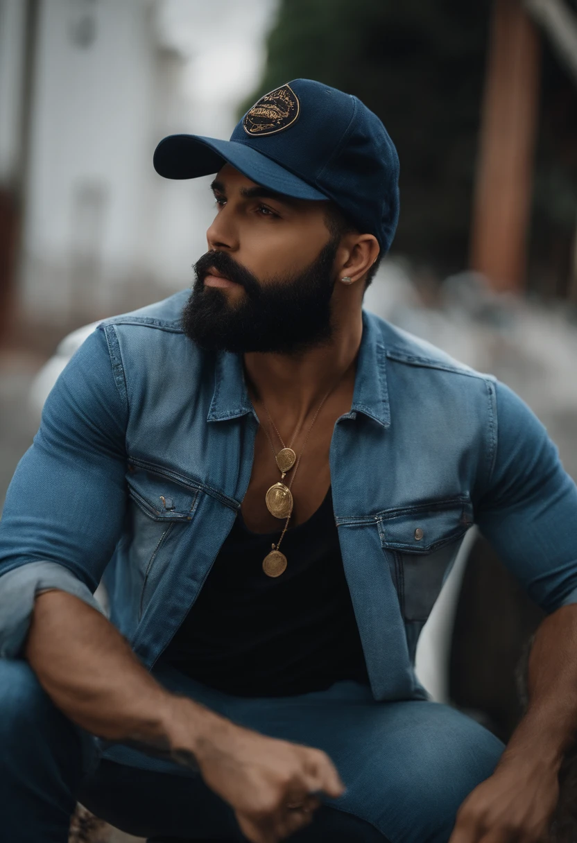 Homem barbudo, com blusa preta, Denim Jeans Pants, and blue cap,com um jaleco por cima da roupa, um pouco fora de forma, dando aula