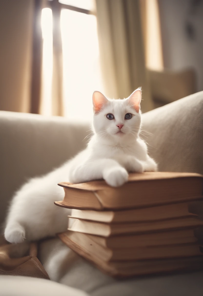 There is a cat on it, a cute little cat, The cutest kitten ever, Very cute cute cute cat girl, Lustful and animated white cat, a cute little cat, Smart cats, A cat Antelo, funny cat, cute little cat, And a sad cat. They read books on the couch、sit on chair. After a hard day,They are relaxing. They were dressed in pajamas.