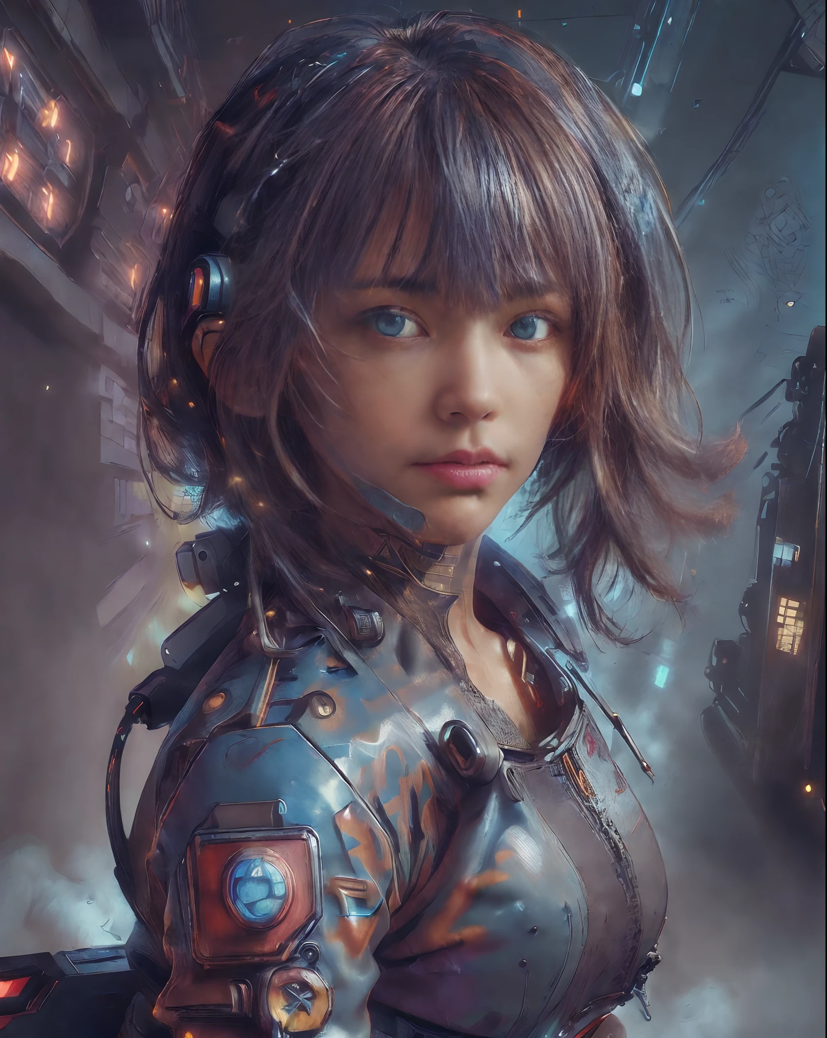 (((Random posture:1.2))), (masterpiece,best quality,ultra detailed,ultra high res,detailed background),((cyberpunk)),((flat color)),((colorful)),(1girl),pilot,pilot helmet,pilot jacket,looking_at_viewer, (japanese_war_fan:1.2),solo,upper body,colored background,high contrast,contrasting colors,