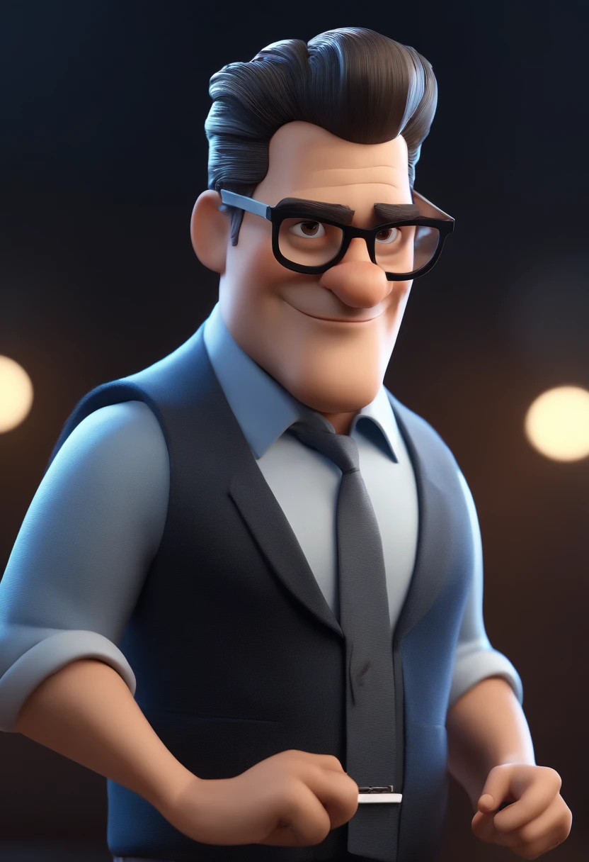 Cartoon character of a man with black glasses and a blue shirt, animation character, Caractere estilizado, animation style rendering, 3D estilizado, Arnold Maya render, 3 d render stylized, toon render keyshot, Personagem 3D, Personagem 3D, 3d rendering stylized, 3 d character render, personagem de desenho animado, Personagem de close up, Pose de personagem,  (Estilo Pixar) (master part:1.2) (Bokeh) (best quality) (pele detalhada) (textura detalhada) (8k) (argila) (Cinematic lighting) (foco nítido