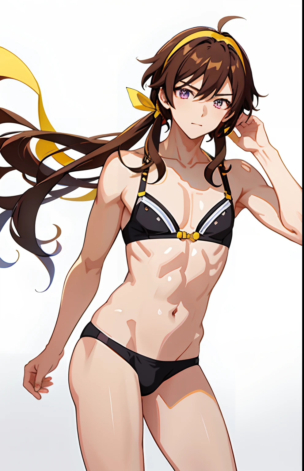 Anime boy in a yellow bra, Long Two Side Up Brown Hair Boy, Long twin-tailed brown-haired boy, Boy with Purple Eyes,Seductive Anime Boy, Boy in yellow panties, Yellow Hairband, anime moe art style, Smooth Anime CG Art, beautiful alluring anime , (Anime Boy), marin kitagawa fanart, Only underwear, Charming anime boys, Ecchi anime style, Anime Best Boy, Cool anime boys, garments:bra very, 8K!!