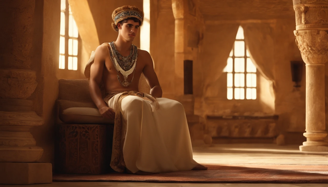 Create an artwork featuring a very handsome young men, 15-year old, styled in the manner of the frescoes of the Minoan civilization. Hi is resembling an actual person, dressed in the iconic attire of ancient  sexual dress. He sits with regal posture, and the environment around him reflects the opulence of an ancient Crete royal chamber, complete with detailed decorations and artifacts. We can see his beautiful naked lags, he sits un a seductive position. Superb Quality, Masterpiece, High Resolution, Hair Accessories, Necklace, Jewelry, Handsome, 8K UHD, DSLR, Soft Light, High Quality, Volume Lighting