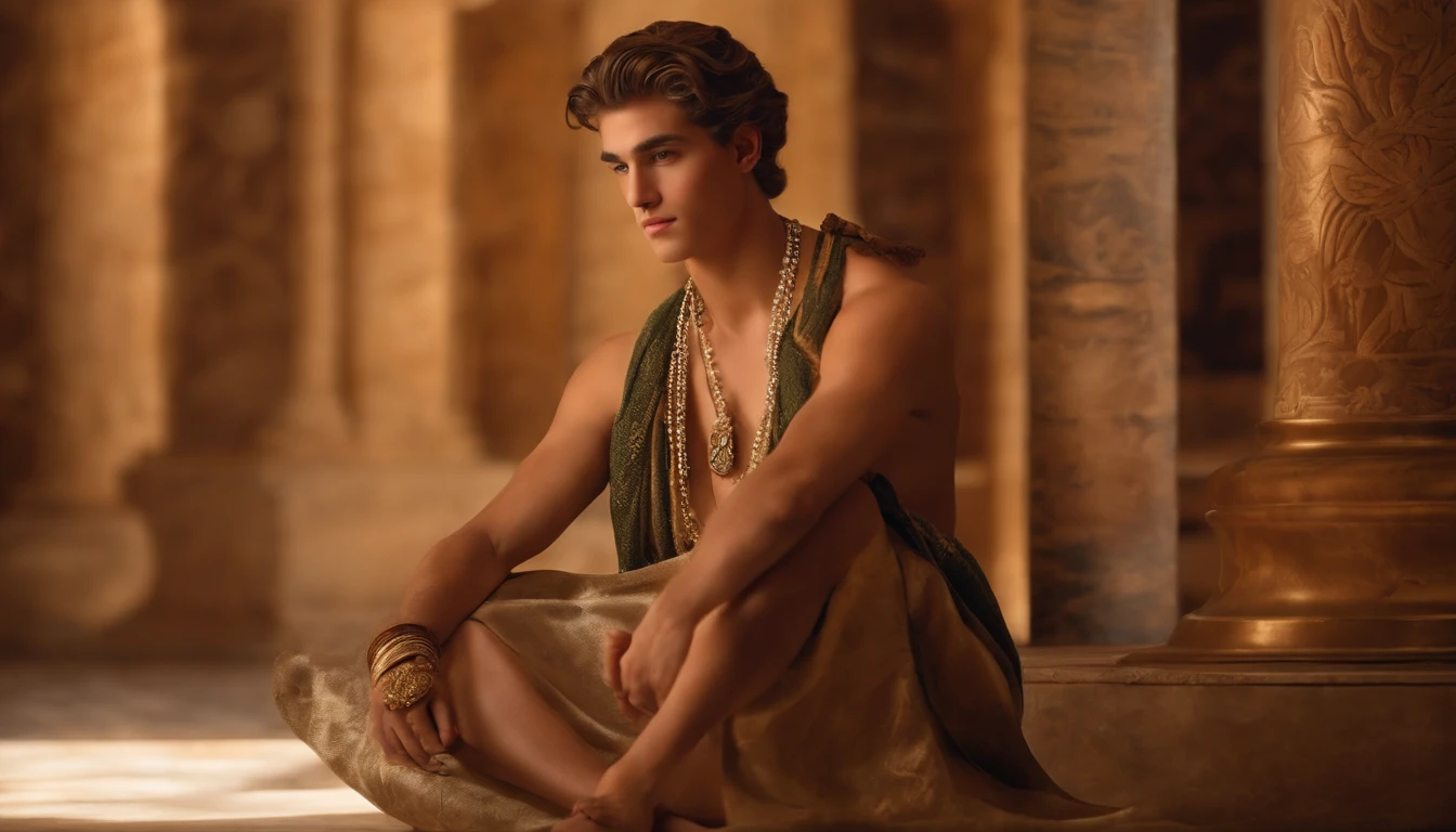 Create an artwork featuring a very handsome young men, 15-year old, styled in the manner of the frescoes of the Minoan civilization. Hi is resembling an actual person, dressed in the iconic attire of ancient sexual dress. He sits with regal posture, and the environment around him reflects the opulence of an ancient Crete royal chamber, complete with detailed decorations and artifacts. We can see his beautiful naked lags, he sits un a seductive position. Superb Quality, Masterpiece, High Resolution, Hair Accessories, Necklace, Jewelry, Handsome, 8K UHD, DSLR, Soft Light, High Quality, Volume Lighting