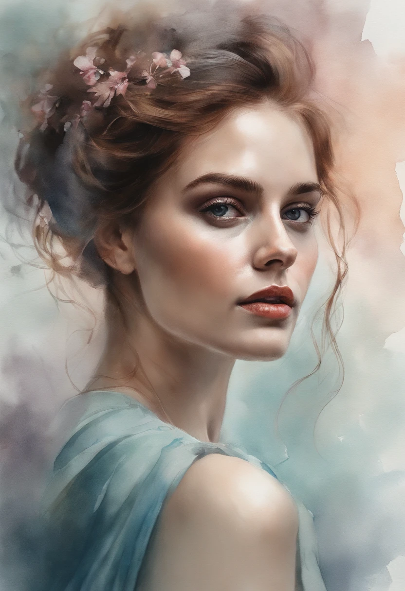 (8k, best quality, master part:1.2),(best quality:1.0), (ultrahigh-resolution:1.0), Aquarelas, uma mulher bonita, ombro, fita tress, parte superior das pernas,sentado,autor：agnes cecile, retrato de meio corpo, design brilhante extremamente luminoso, pastels colors, (tinta:1.3), Luzes de outono
