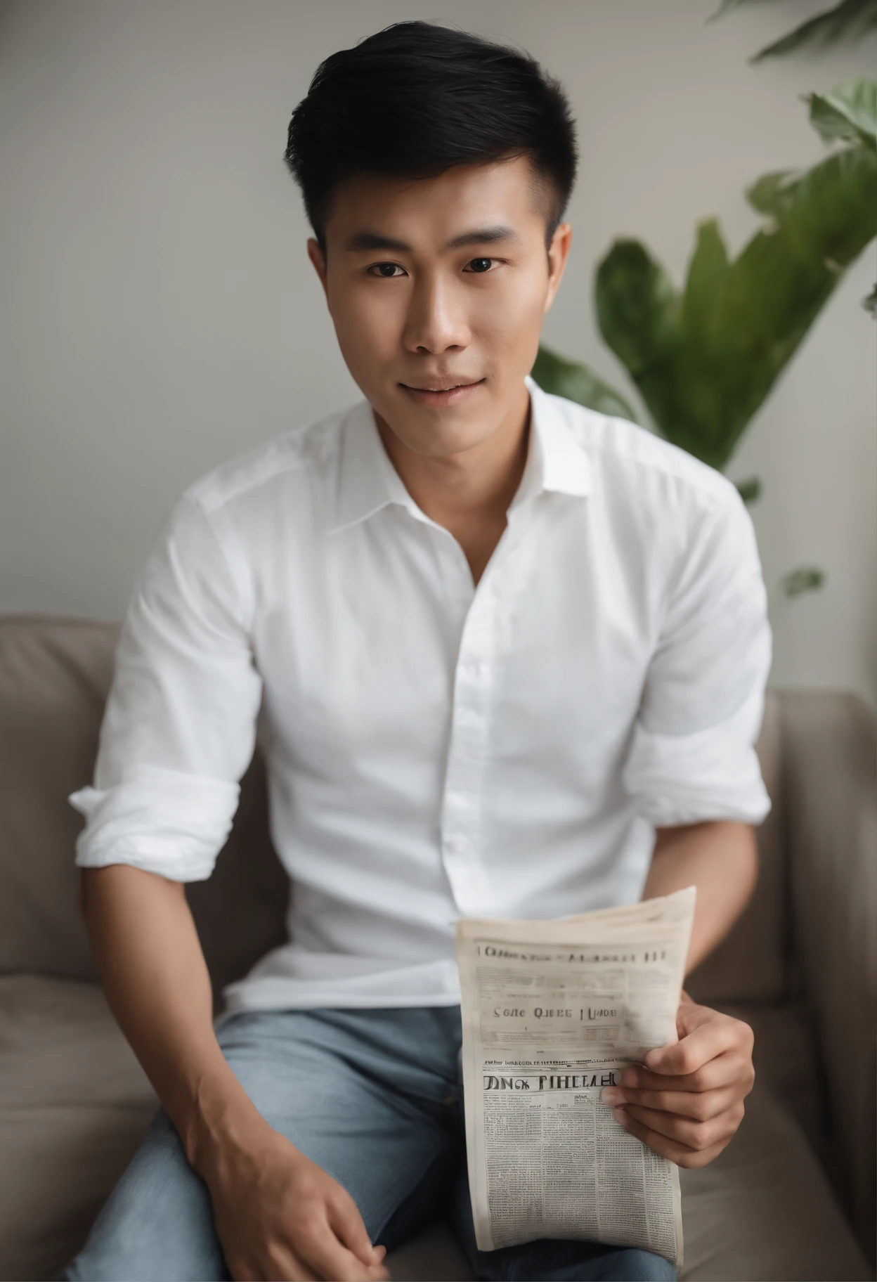 arafed man in white shirt holding a banana in front of newspaper, thawan duchanee, newspaper picture, bao pham, inspired by Ding Yunpeng, stanley artger m lau, darren quach, nivanh chanthara, andrew thomas huang, victor ngai, newspaper photo, phong shaded, damien tran, reuben wu, leaked image