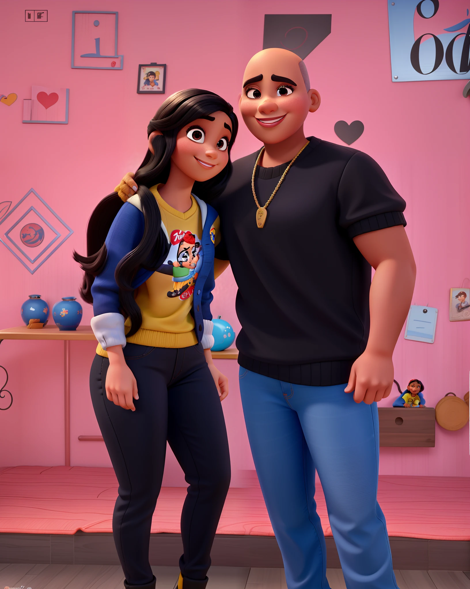 Mulher branca sorrindo cabelo preto, homem careca , estilo Disney Pixar,alta qualidade, melhor qualidade.