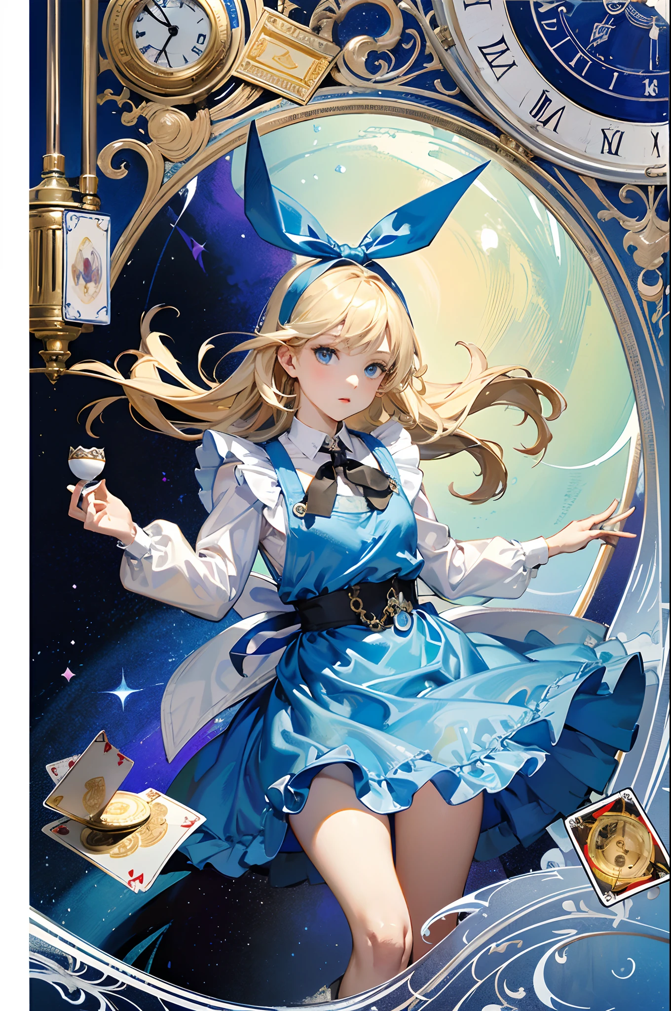 (masuter piece、top-quality、Mystical、Beautifully Aesthetic、Perfect human body balance、offcial art、Impresionismo、von gogh:1.2)、(1 girl in:1.3)、(Fractal Art:1.0)、shinny skin、patterns、(alice in the wonderland:1.2)、(PlayingCards、tea cup、pocket watch:1.3)、(Tie your hair with a ribbon、Blue Dress、a miniskirt、beauty legs、White Apron、white sock、platinum-blonde、Blue eyes)、Exotic wallpapers、highly colorful、Abstract background、Fantastical