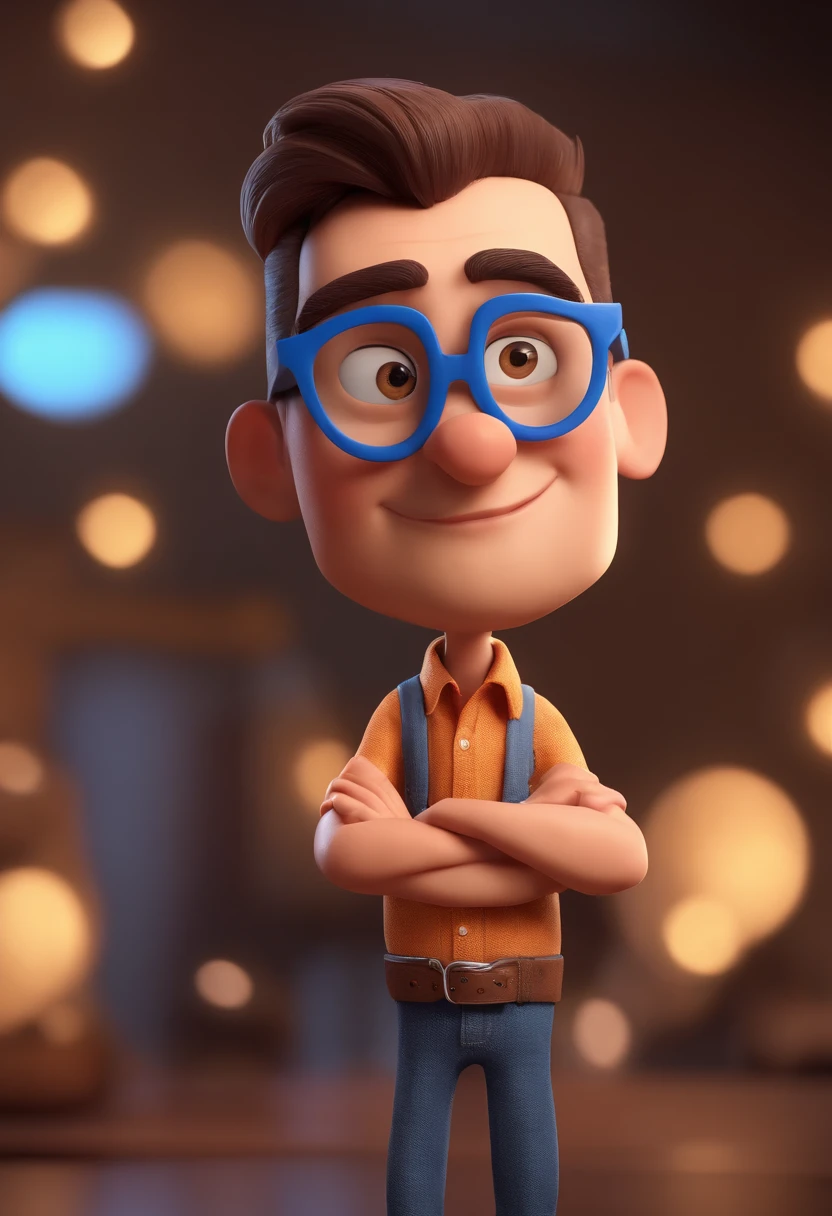 Cartoon character of a man with black glasses and a blue shirt, animation character, Caractere estilizado, animation style rendering, 3D estilizado, Arnold Maya render, 3 d render stylized, toon render keyshot, Personagem 3D, Personagem 3D, 3d rendering stylized, 3 d character render, personagem de desenho animado, Personagem de close up, Pose de personagem, (Estilo Pixar) (master part:1.2) (Bokeh) (best quality) (pele detalhada) (textura detalhada) (8k) (argila) (Cinematic lighting) (foco nítido