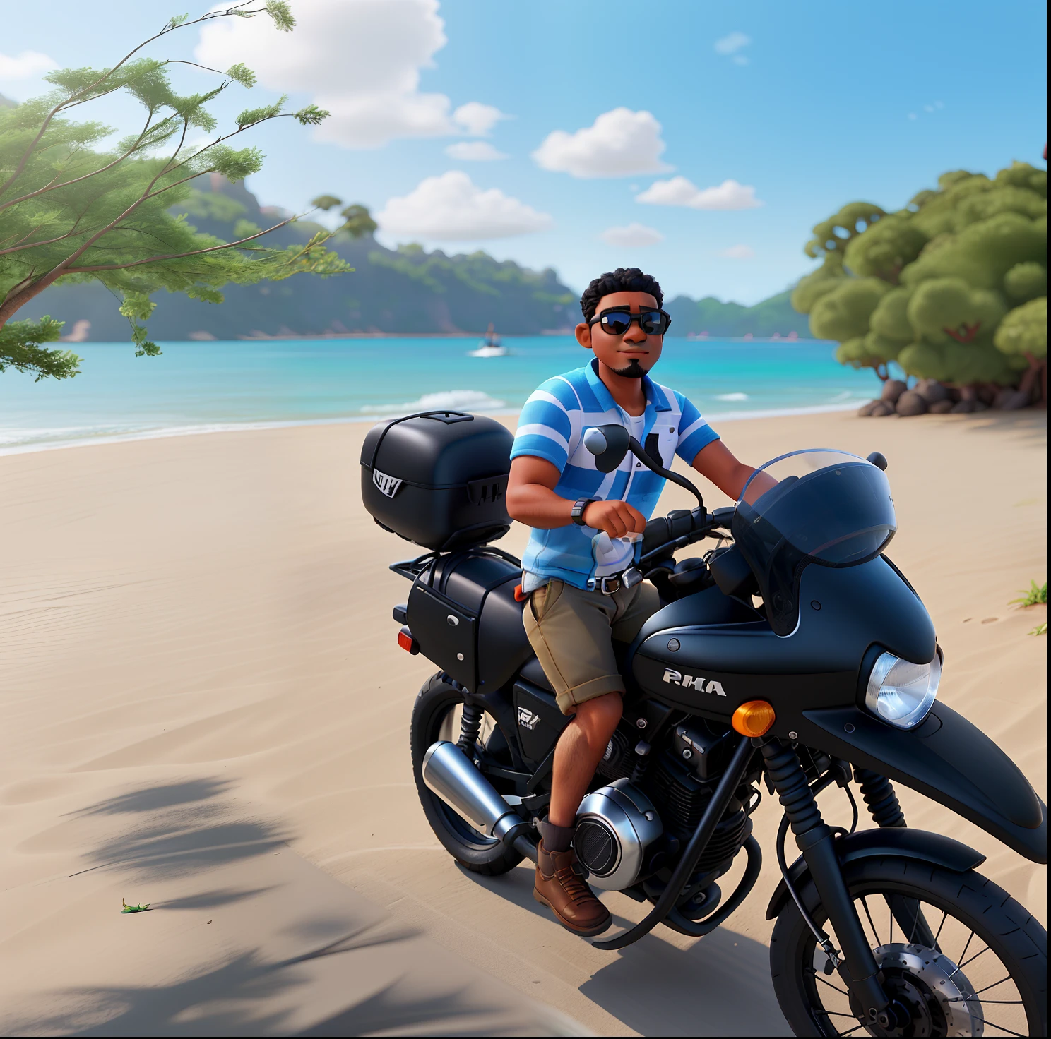 Um homem negro com cabelo raspado e barba raspada no estilo disney pixar, em uma moto modelo honda xre 2016 preta, without helmet and sunglasses and camisa regata cinza, na areia, de costas para uma lagoa. Alta qualidade, pemelhor qualidade