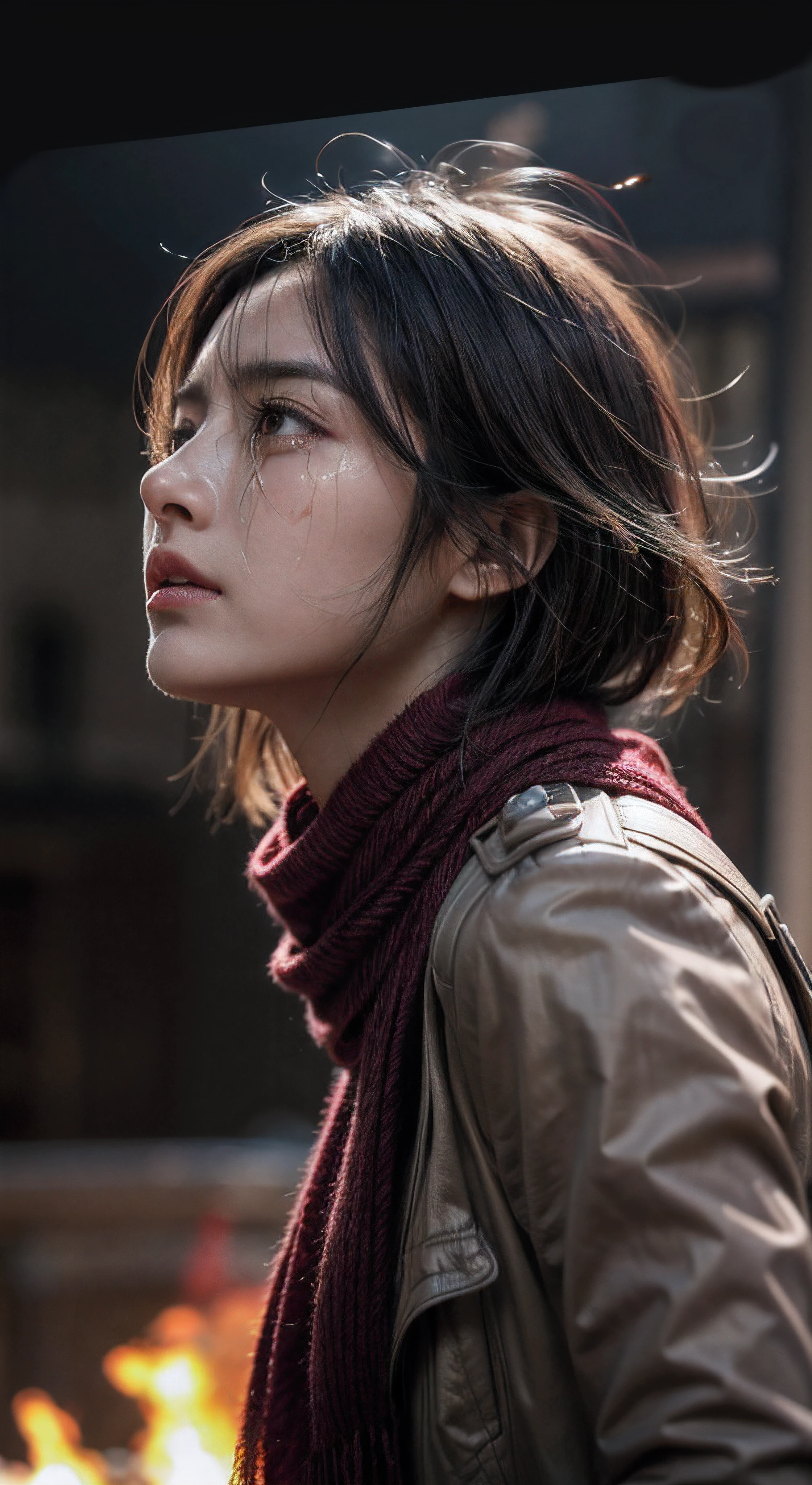 (masterpiece), (hyper realistic), Attack on Titan, half body shot, Mikasa Ackerman, Crying, sadness, Tears, A maroon scarf around his neck, blood stains on his face and clothes, dinamic lighting, dramatic fire background