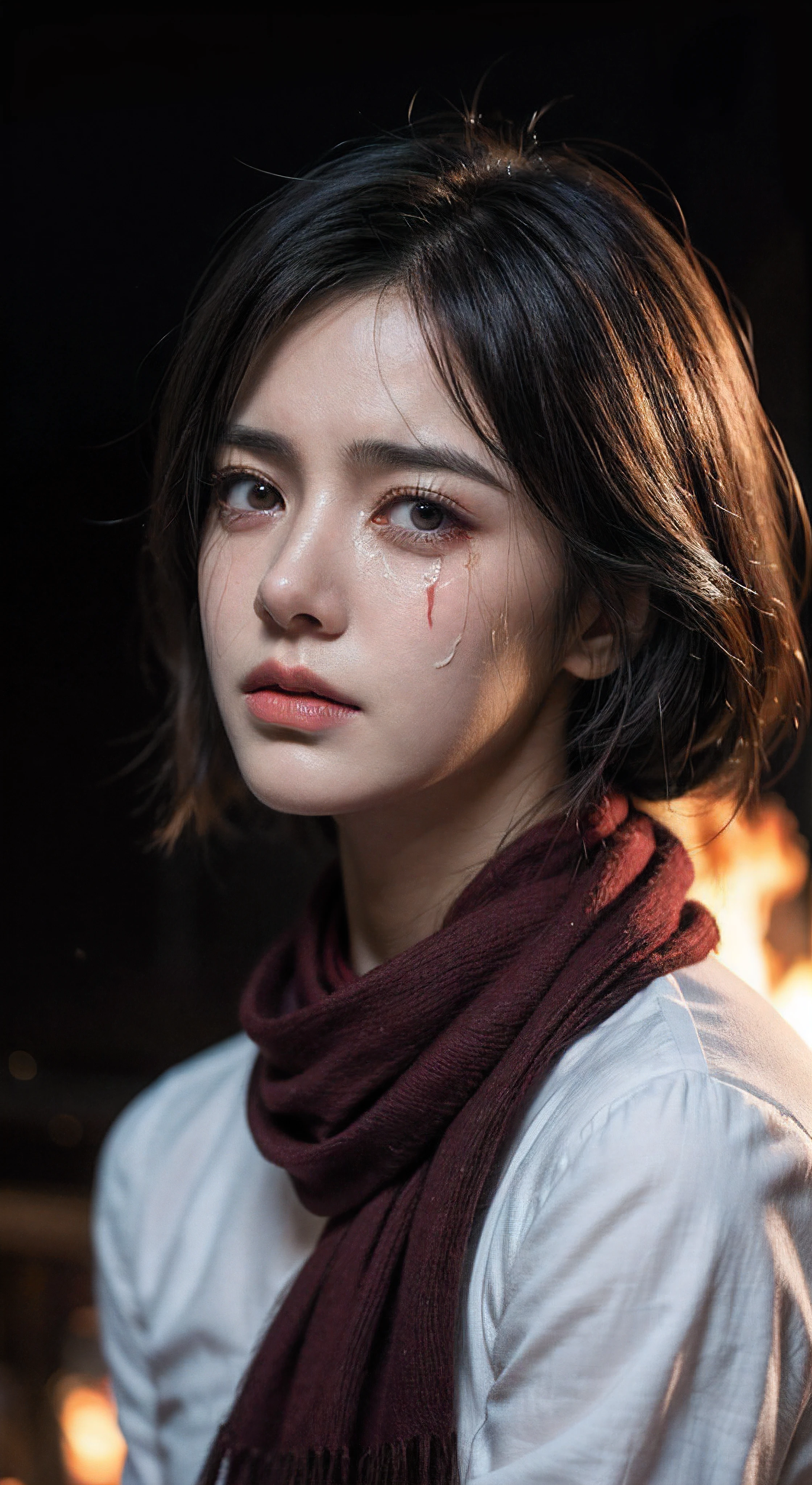 (masterpiece), (hyper realistic), Attack on Titan, half body shot, Mikasa Ackerman, Crying, sadness, Tears, A maroon scarf around his neck, blood stains on his face and clothes, dinamic lighting, dramatic fire background